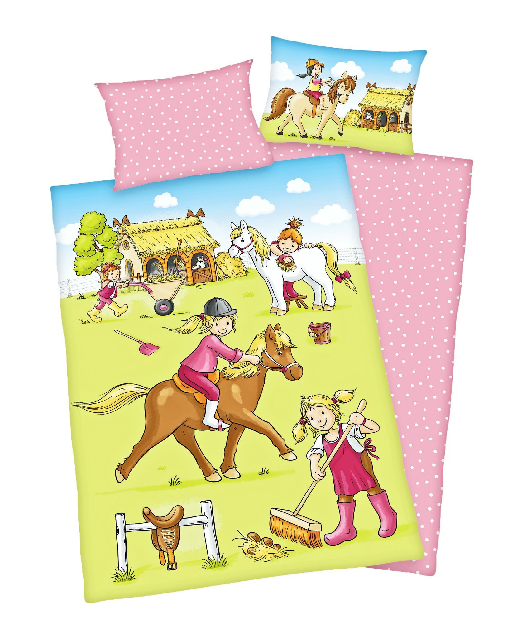 Herding Babybettwäsche 100x135cm Ponyhof Pferdestall Rosa Punkte, Renforcé, 2 teilig, Baumwolle, Mädchenträume
