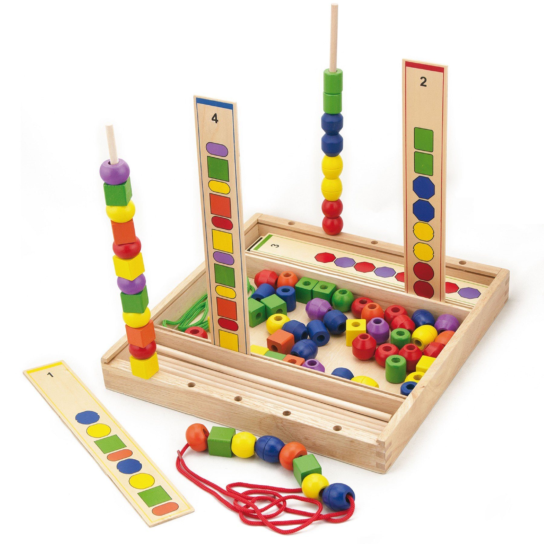 TikTakToo Steckspielzeug Formen- und Farbensortierspiel, Steck- und Fädelspiel mit Holzperlen, (Hand-Augenkoordination, 95-tlg), Farblehre, Formenlehre, Muster erkennen