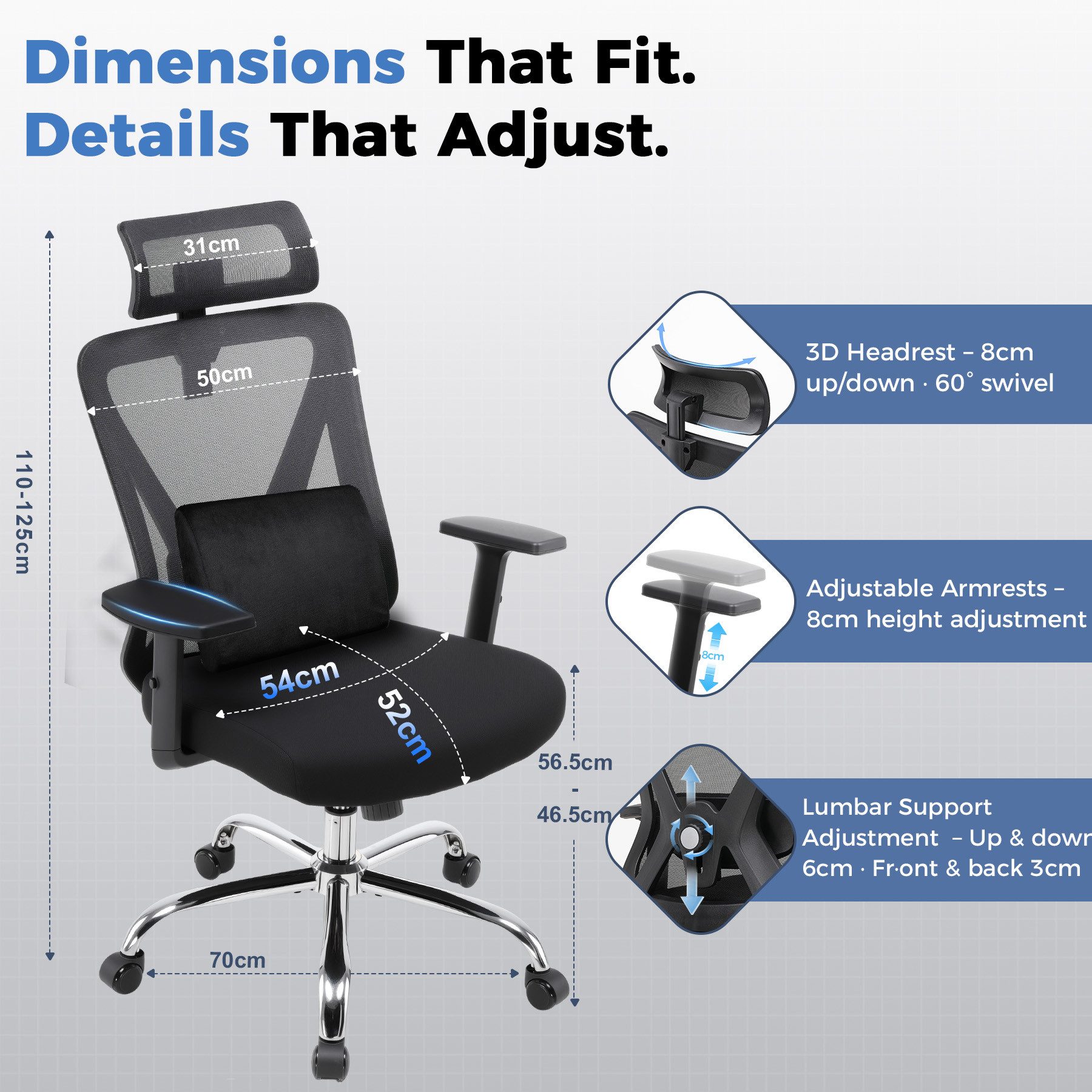 GTPLAYER Bürostuhl Ergonomischer Schreibtischstuhl mit 3D Lendenwirbelstütze & Kopfstütze, verstellbare Armlehnen, Office Chair mit Wippfunktion – Bild 5 von 5