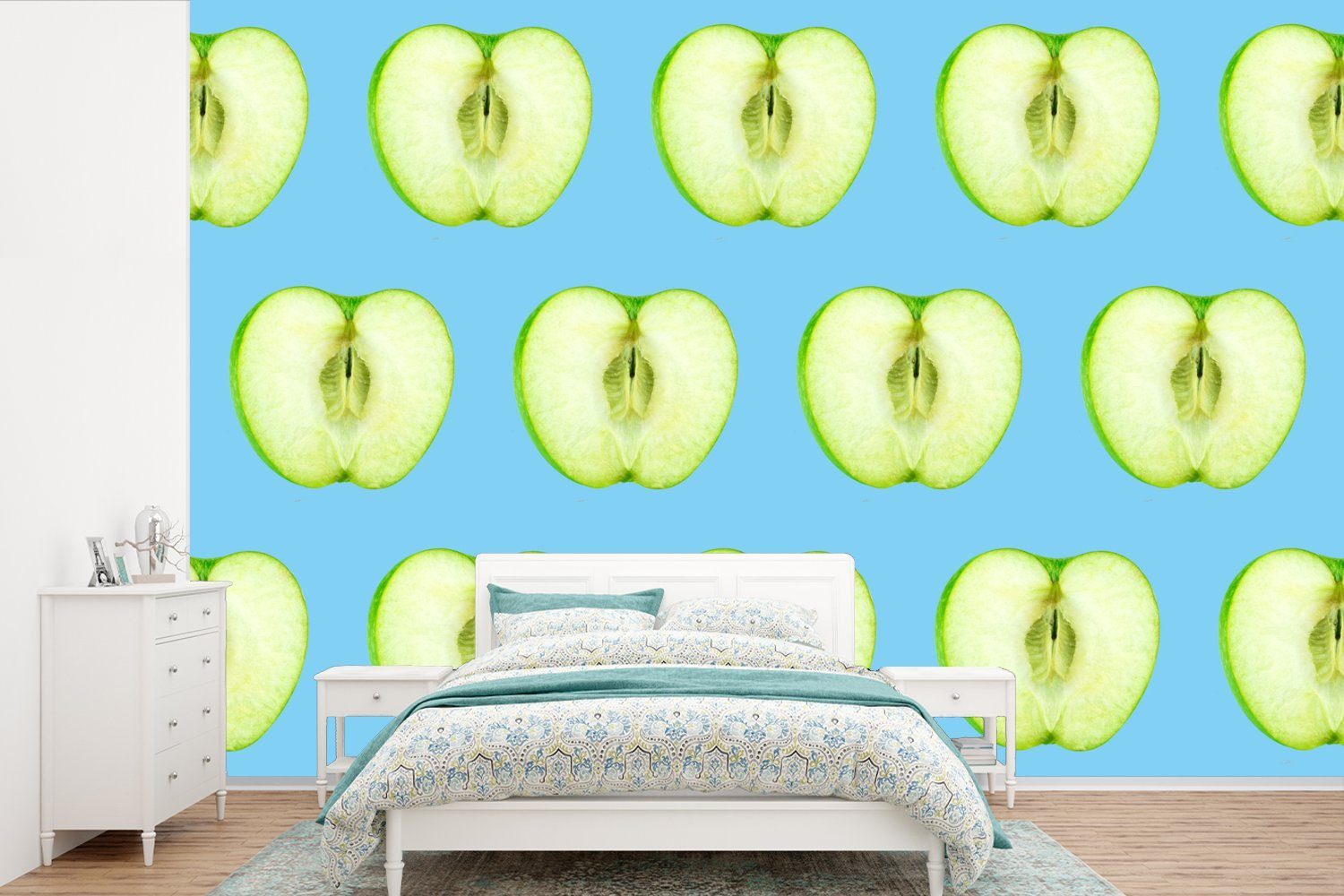 MuchoWow Fototapete Apfel - Muster - Farben, Matt, bedruckt, (6 St), Wallpaper für Wohnzimmer, Schlafzimmer, Kinderzimmer, Vinyl Tapete