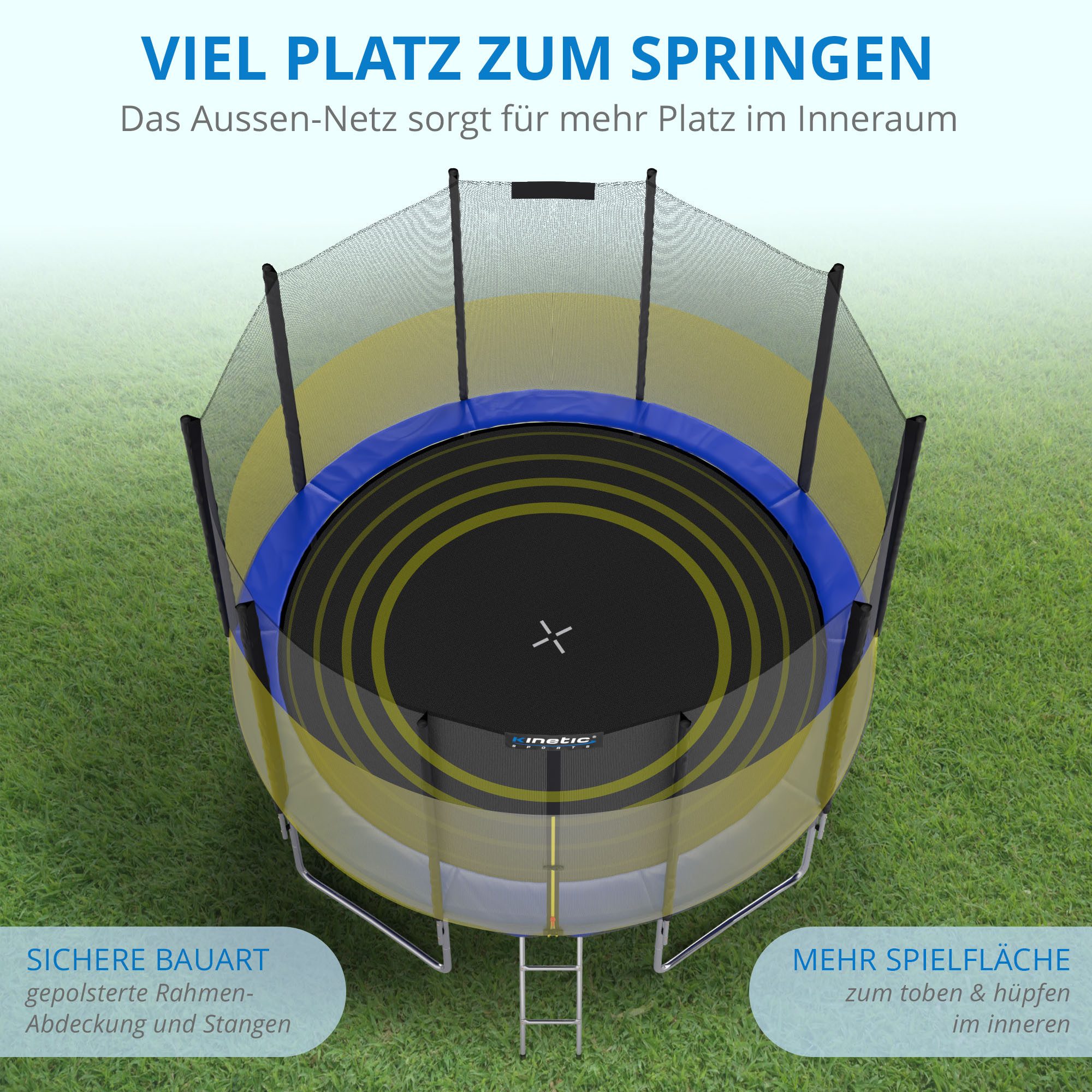 Kinetic Sports Gartentrampolin SALTO, Ø 244 cm, Kindertrampolin Set mit Sicherheitsnetz, USA Sprungtuch, Leiter