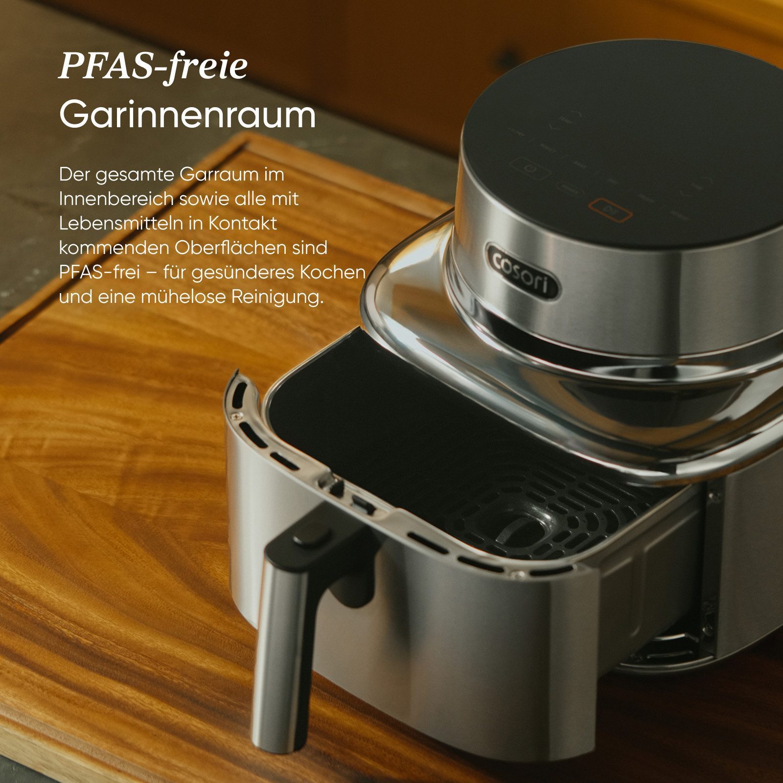 Cosori Heißluftfritteuse ICONIC™ Single CAF-SE601S-CEU, 1725 W, Edelstahl, DC-Motor, 6 Funktionen, 6,2 L, PFAS-freie Keramik