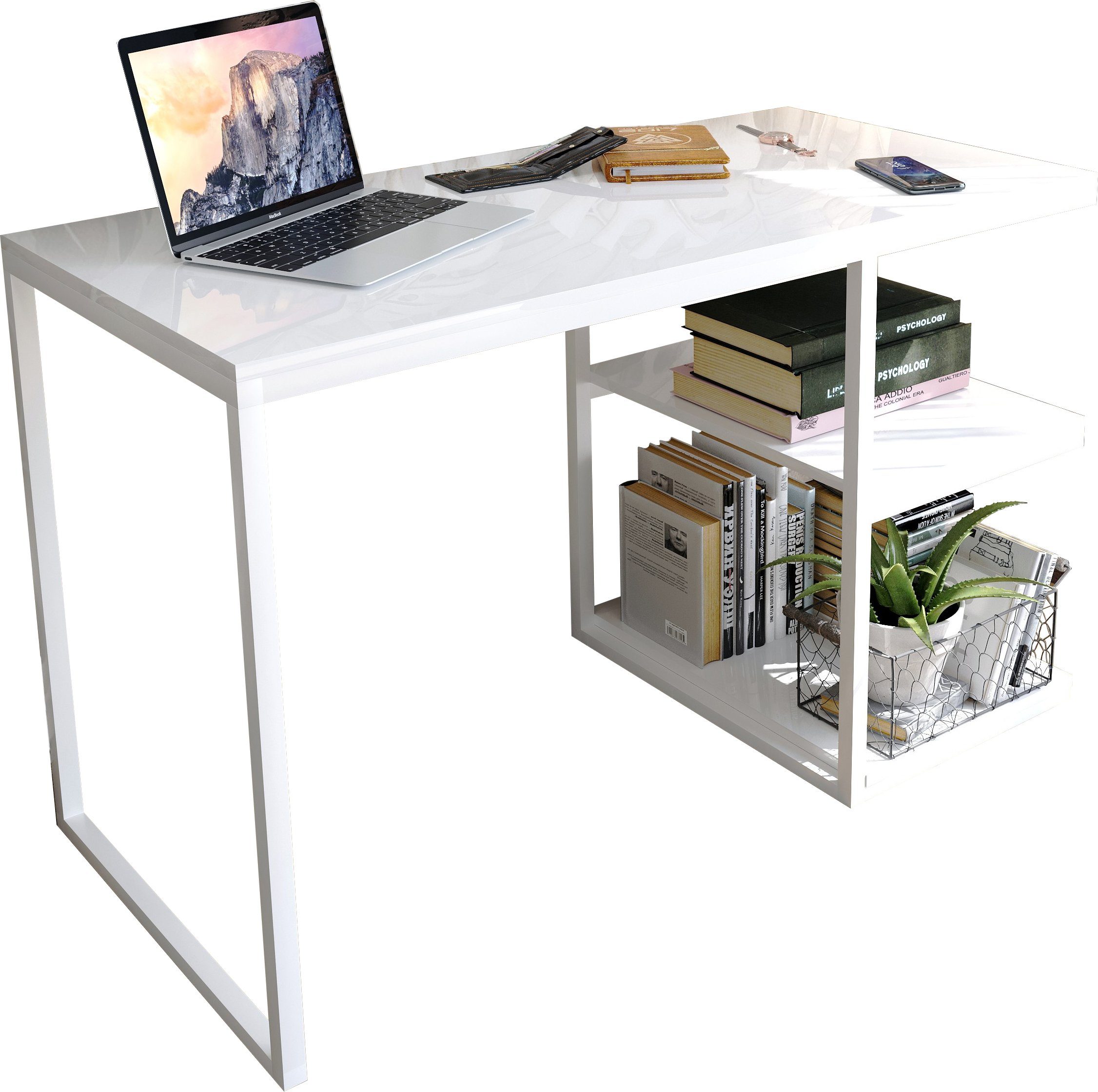 Schreibtisch Weiß Hochglanz Domando Schreibtisch 120cm, Capoliveri, Metallgestell Weiß Breite und pulverbeschichtet