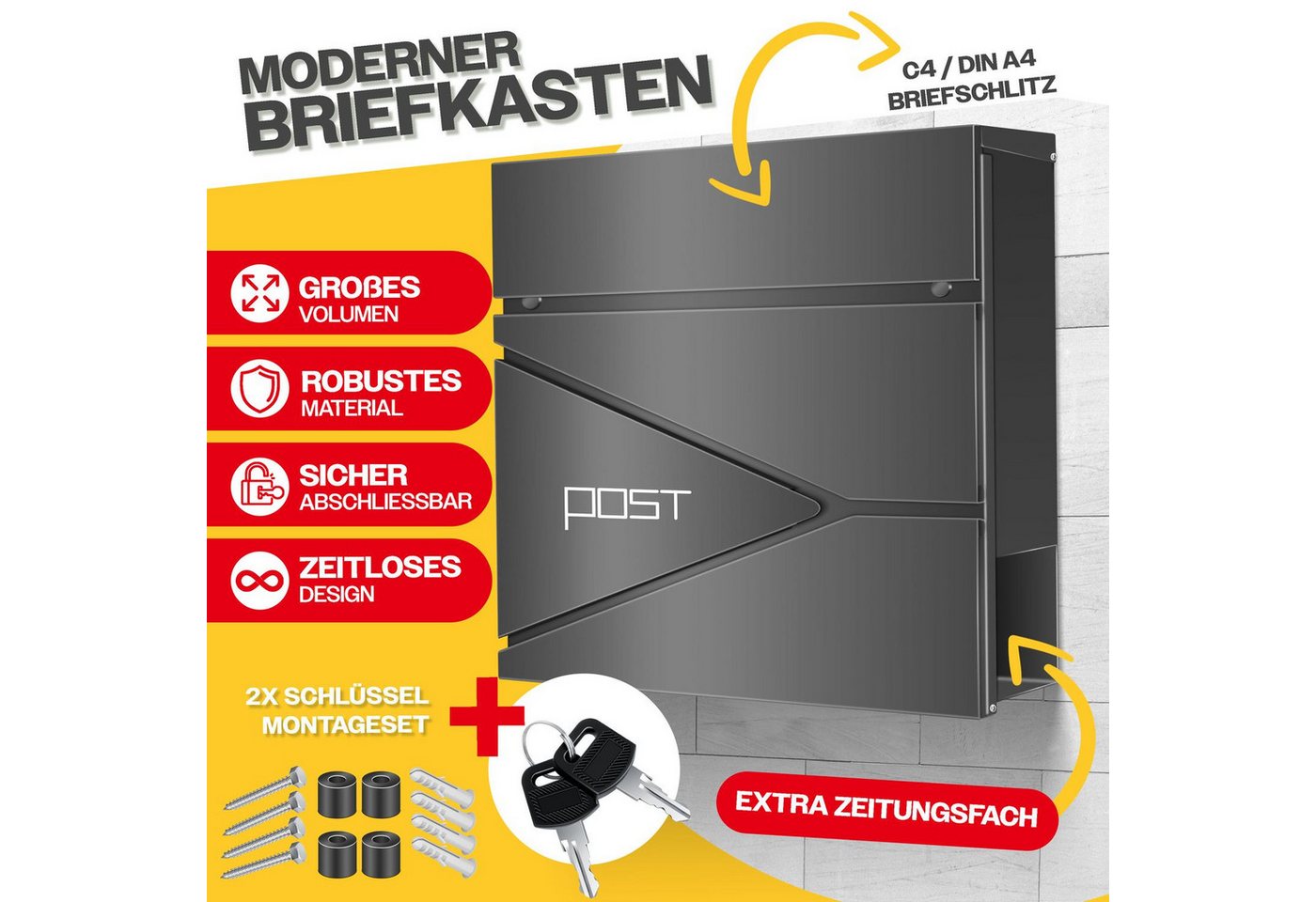 Thumbnail - KESSER Briefkasten, mit Zeitungsfach Wandmontage Wandbriefkasten Edelstahl