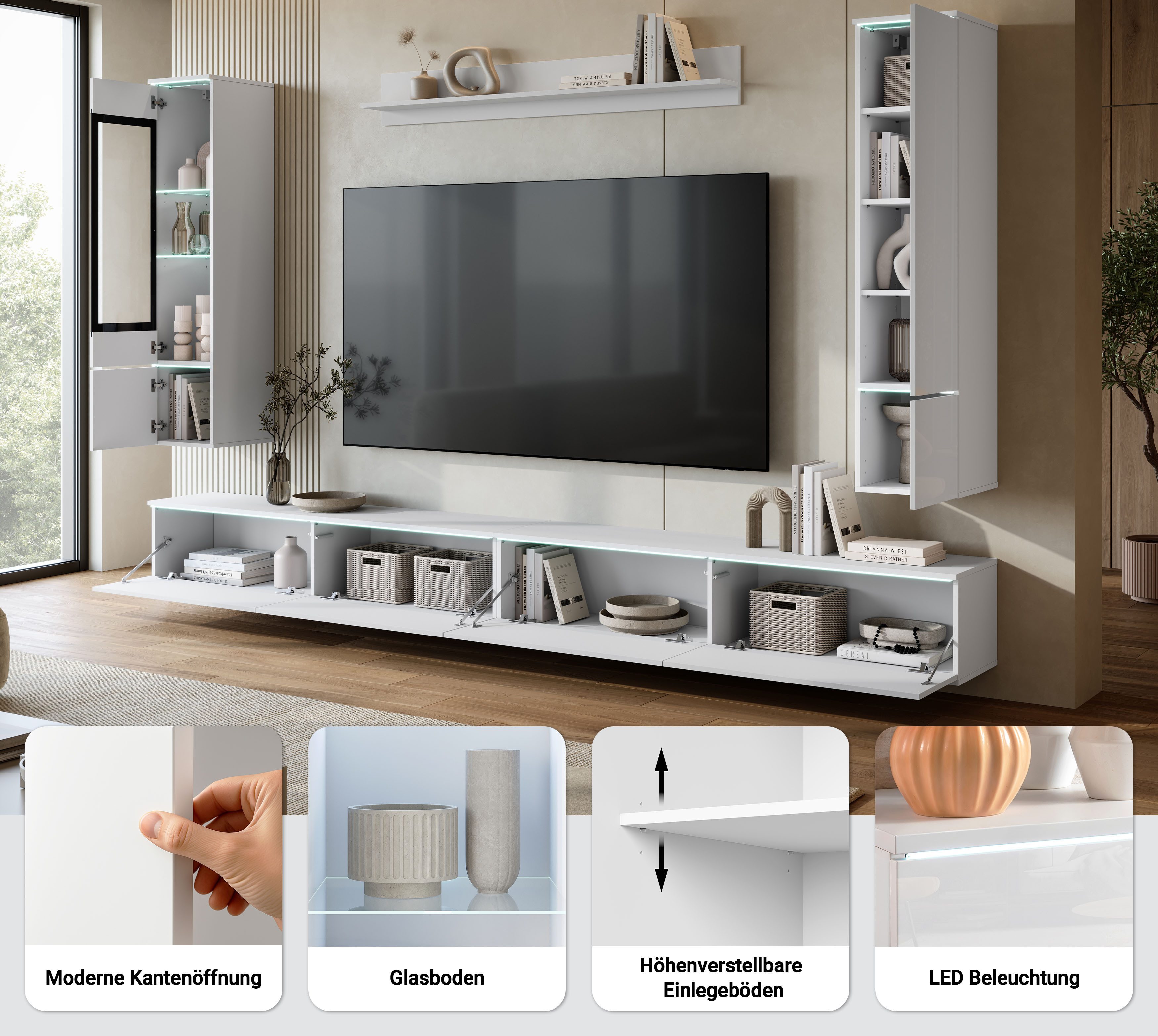 Home affaire Wohnwand Vera, Breite 300 cm, (Komplett-Set, 5-St), Mit LED, Glasvitrine, grifflose Fronten