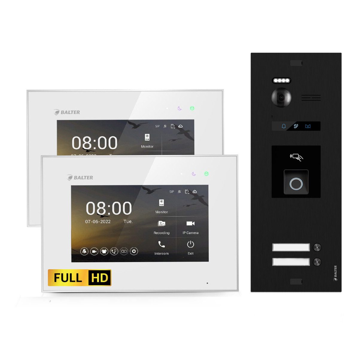 Balter Video-Türsprechanlage BALTER HD Türsprechanlage mit RFID & 2-Familienhaus Schwarz Weiß (Set, 2-Familienhaus, Komplettset, Full HD 175° Kamera, Fingerprint, RFID)