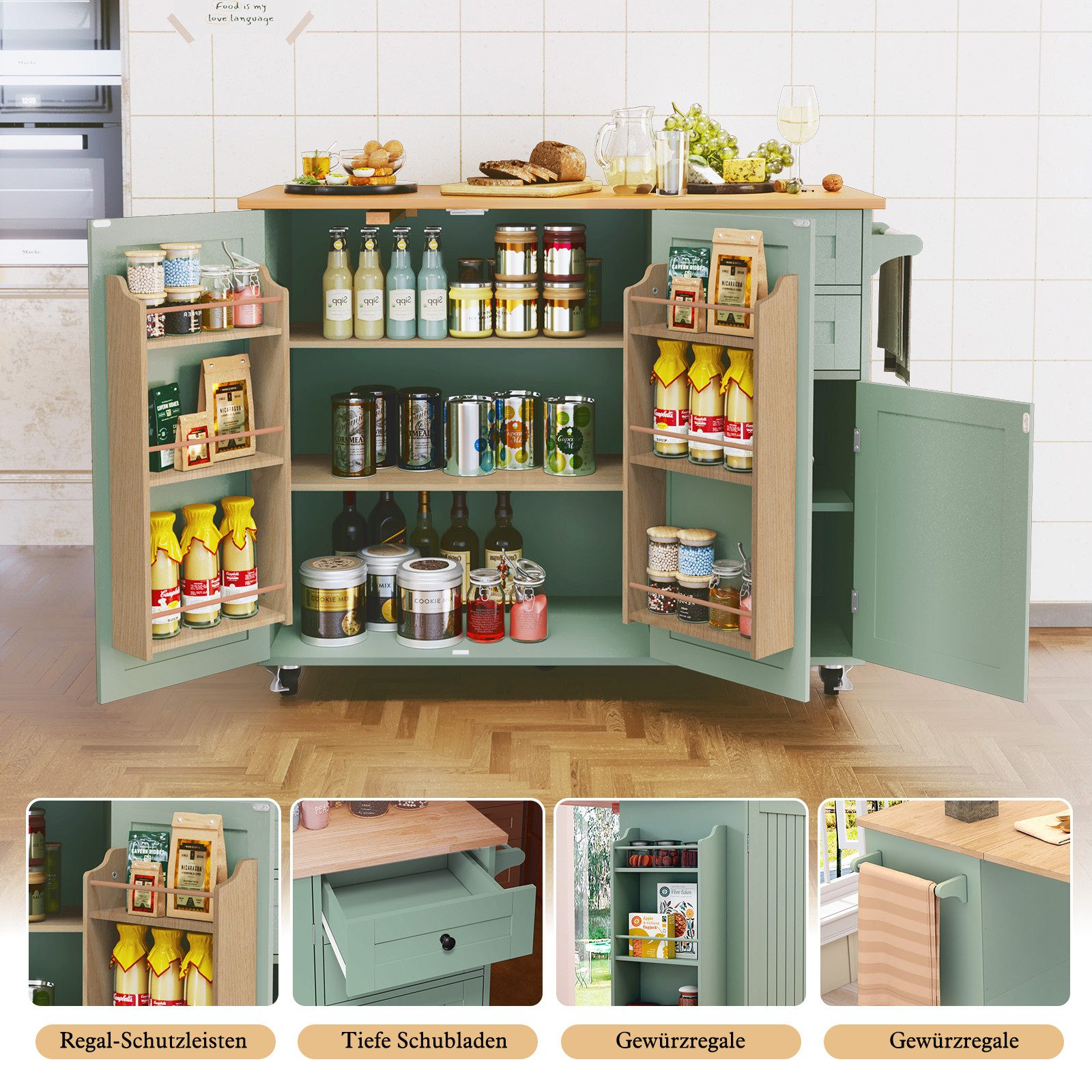 HOLTICO Küchenwagen mit Klappbarer Arbeitsplatte-Kücheninsel auf Rollen, Küchenschrank, (1 St), Bewegliche Kücheninsel auf Rollen, Anrichte für Esszimmer und Küche