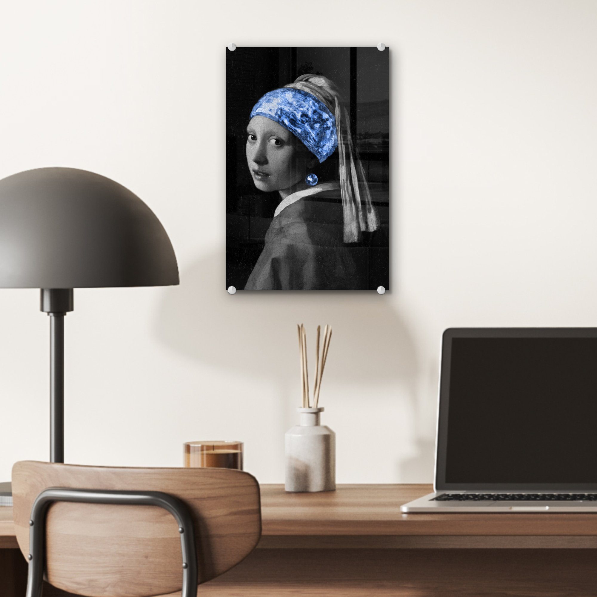 MuchoWow Acrylglasbild auf Perlenohrring Bilder Johannes - Glasbilder Foto Wandbild einem St), Glas (1 - Mädchen Vermeer - Blau, mit auf Wanddekoration - - Glas