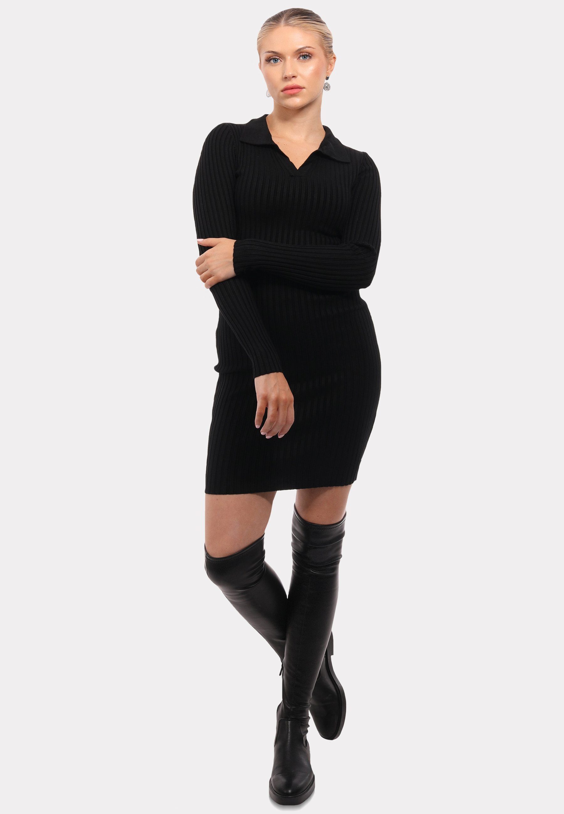 & Unifarbe Fashion Style Mini (1-tlg) Polokragen schwarz Elegantes Strickkleid YC Strickkleid in mit