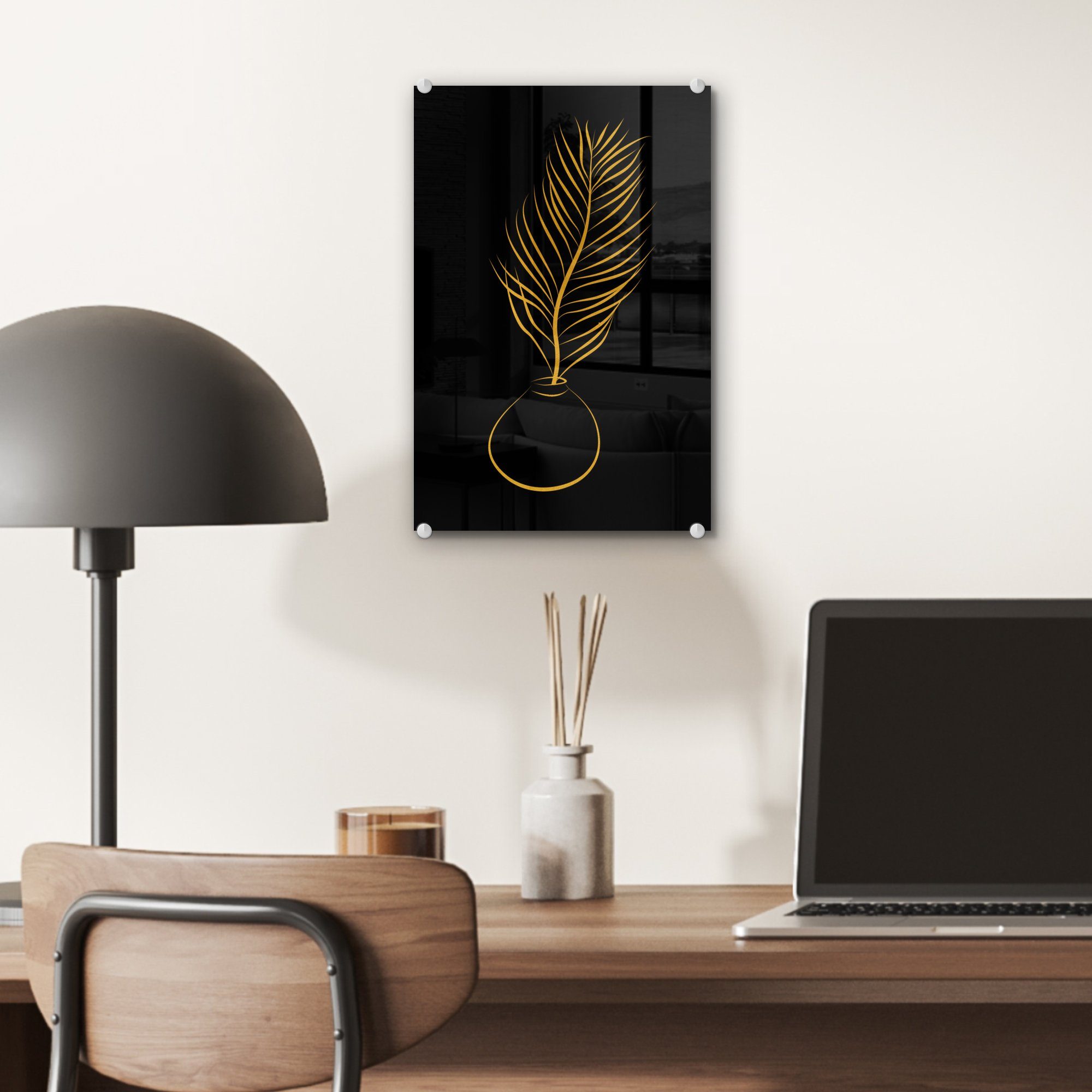 MuchoWow Acrylglasbild Topf - Pflanze Glasbilder - St), Bilder - Foto - Wanddekoration auf auf - Gold, - Glas Linienkunst Wandbild (1 Glas
