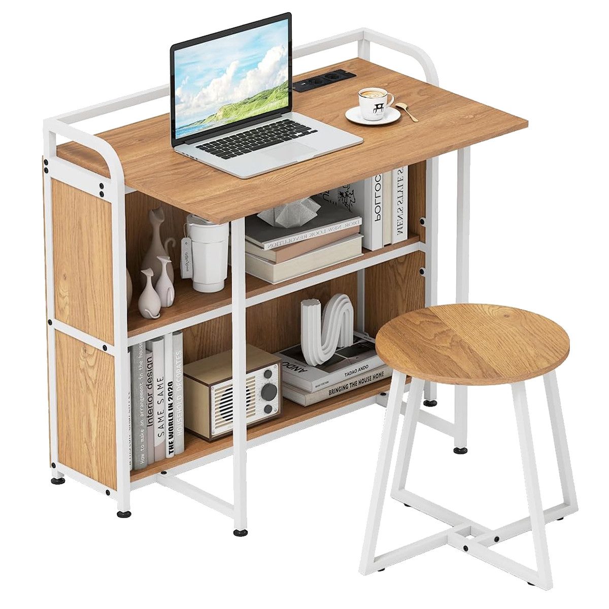 COSTWAY Schreibtisch (mit Hocker), mit Steckdose, Klapptisch Beistelltisch günstig online kaufen
