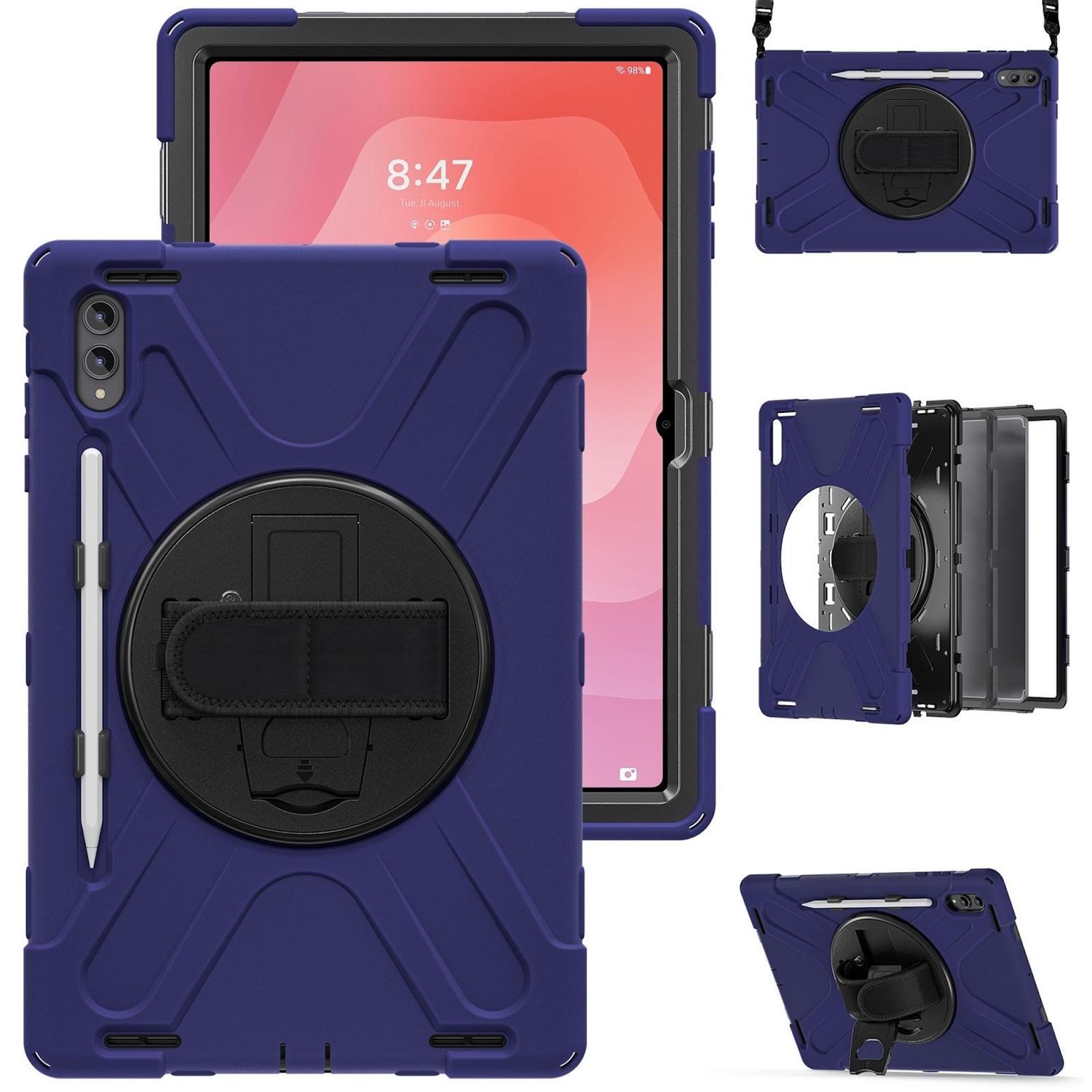Wigento Tablet-Hülle Für Samsung Galaxy Tab S11 Ultra Hülle Halter & Schultergurt D- Blau, 360° drehbar, stoßfest, Schultergurt