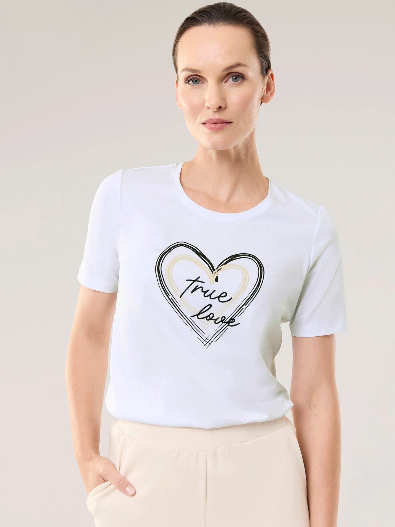Walbusch T-Shirt Damen Baumwollshirt mit Herz T-Shirt Rundhals Kurzarm 95% Baumwolle, 5% Elasthan, hautfreundlich, elastisch, Herz-Stickerei