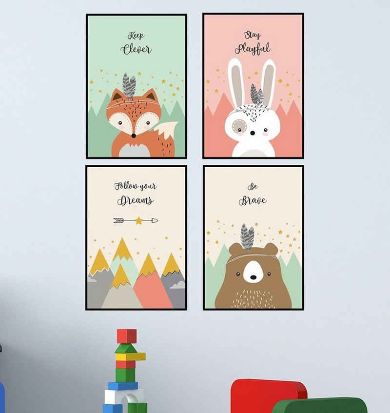 Pippolipo Poster, (4er Set), Bilder Babyzimmer Kinderzimmer Deko Wohnzimmer A4 Kinderposter Kinderbilder Tiere Tiermotive Waldtiere für Kinder Junge Mädchen, Modell A4P20