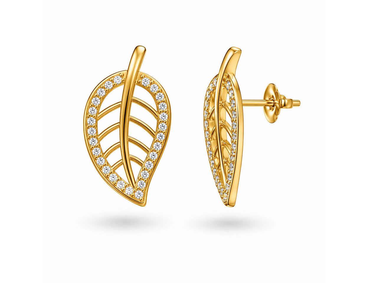 schmuck23 Paar Ohrstecker Ohrringe Blatt 925 Silber vergoldet Zirkonia Damen, Poliert