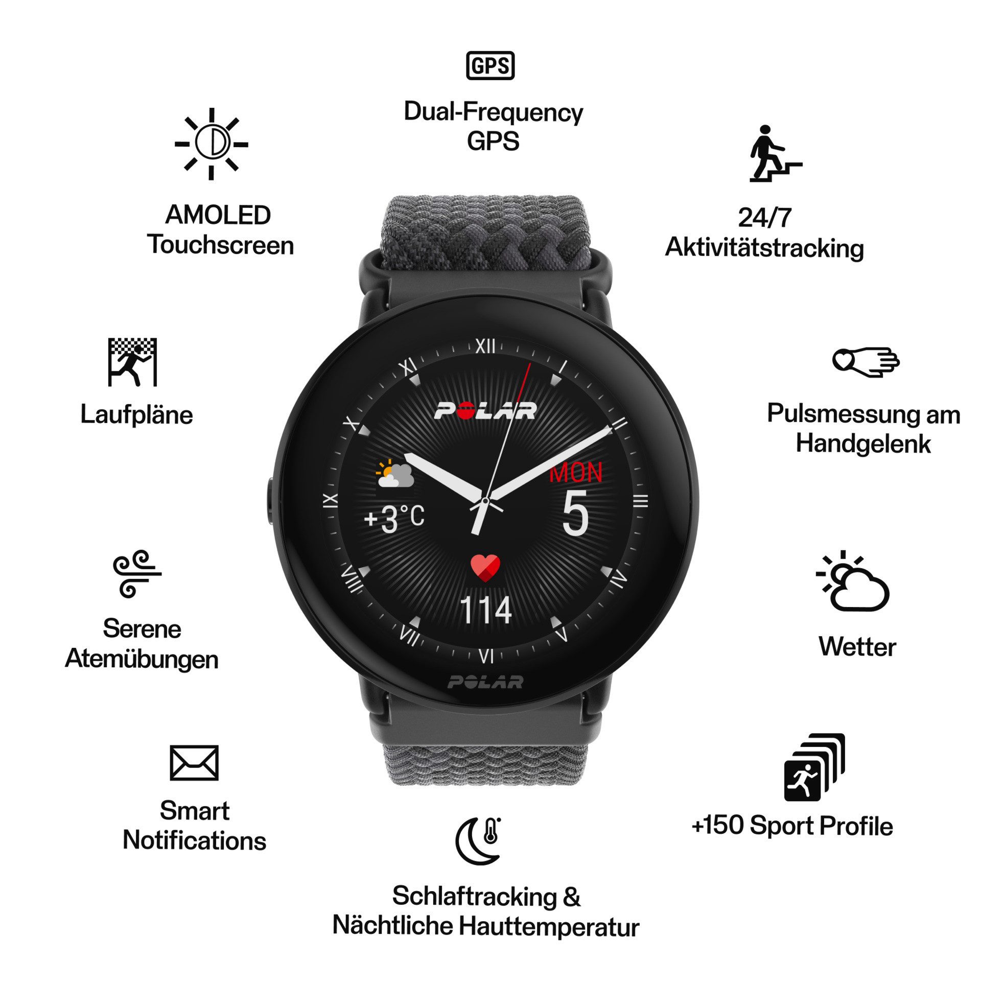 Polar IGNITE 3 BRAIDED YARN Smartwatch (3,3 cm/1,28 Zoll, Proprietär)