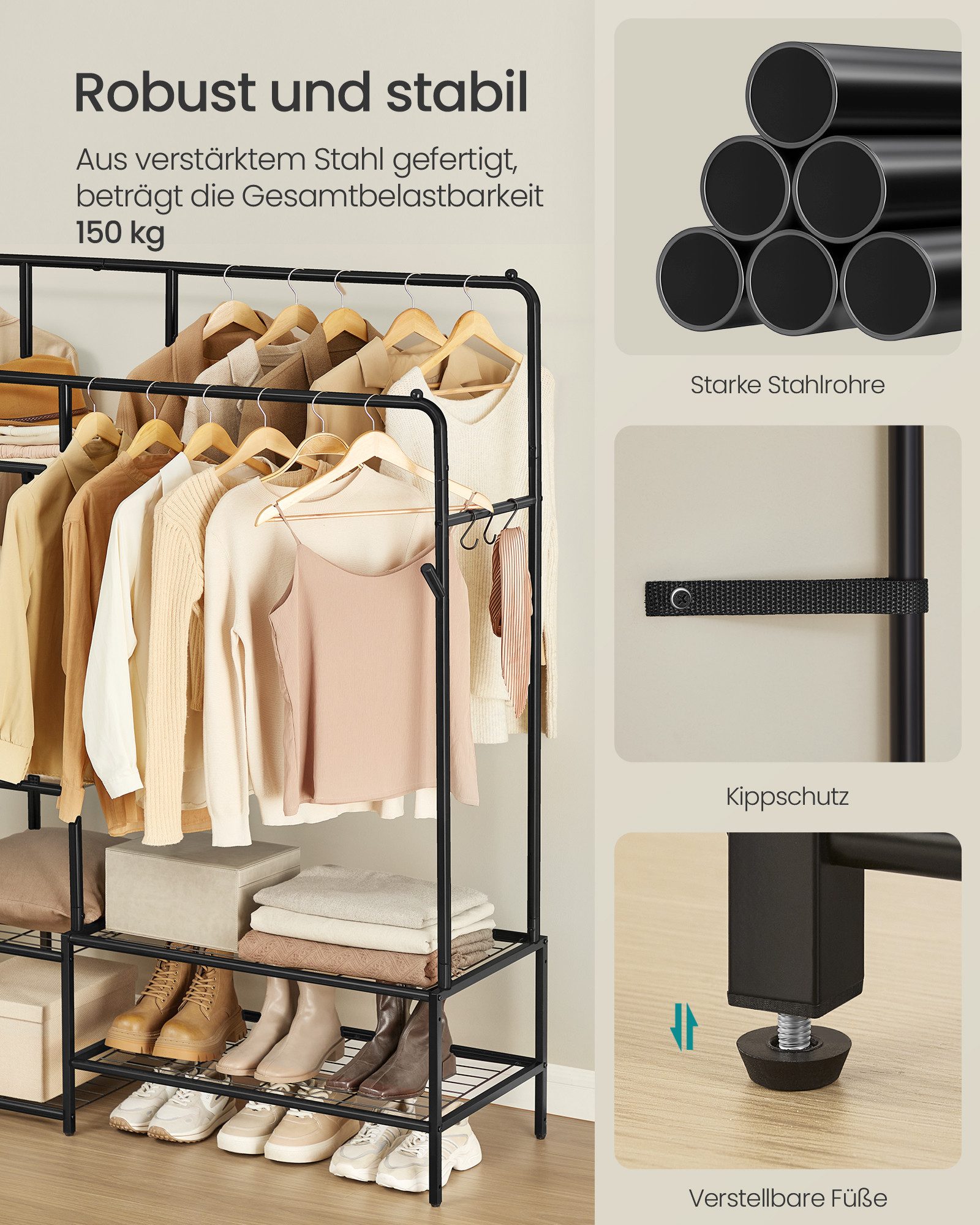 SONGMICS Kleiderständer Offener Kleiderschrank, Garderobenständer, mit Kleiderstange und 7/9 Ablagen, Metallrahmen – Bild 4 von 5