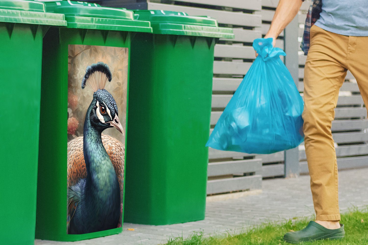 - Sticker, Wandsticker Pfau Pflanzen Vogel Abfalbehälter (1 Container, Mülleimer-aufkleber, MuchoWow - - St), Mülltonne, Pfauenfedern