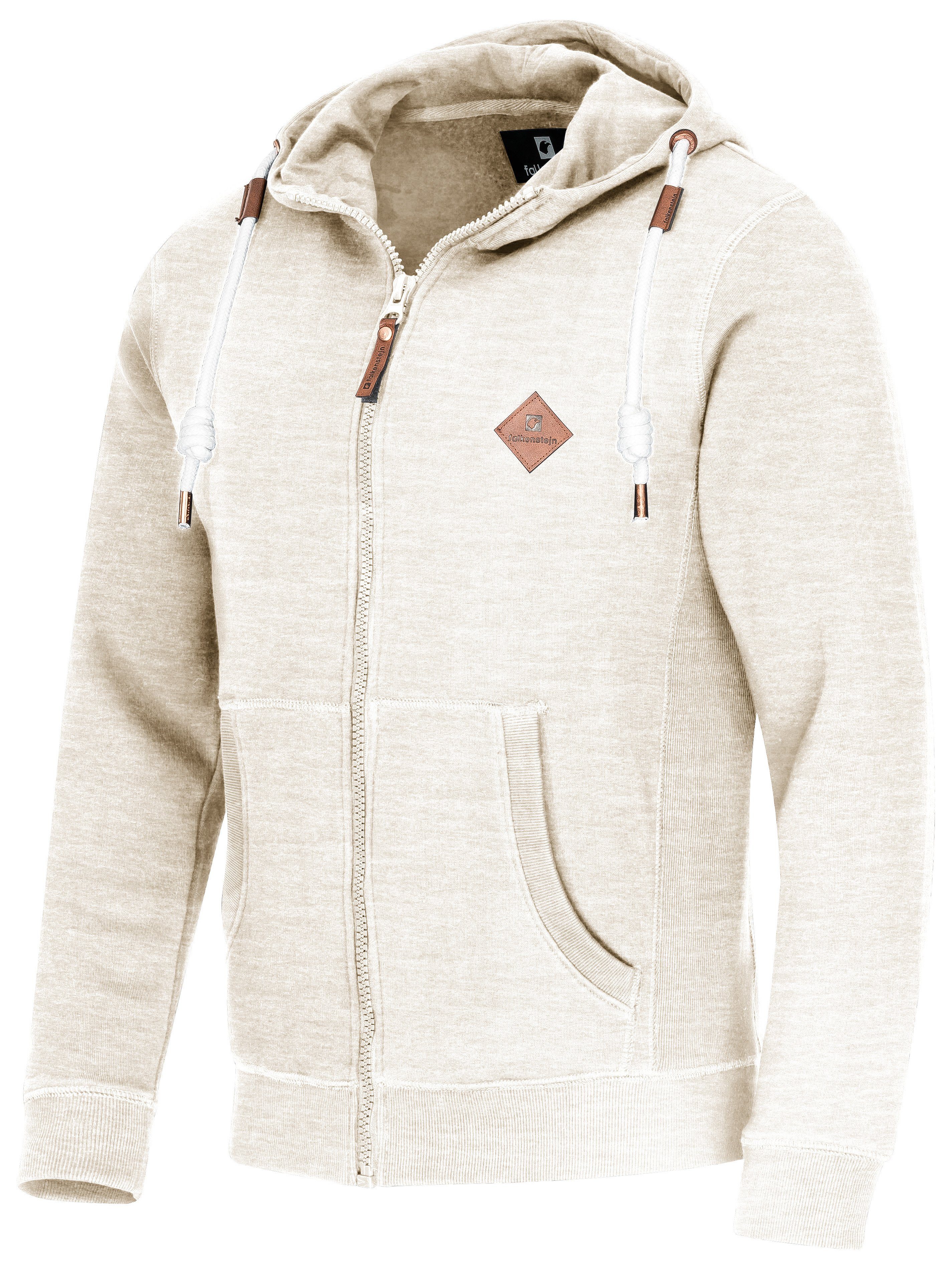 Logolederpatch Kapuzenpullover Colesburg Ecru-Mix FALKENSTEJN Sweatjacke Kapuzensweatjacke stylischer mit