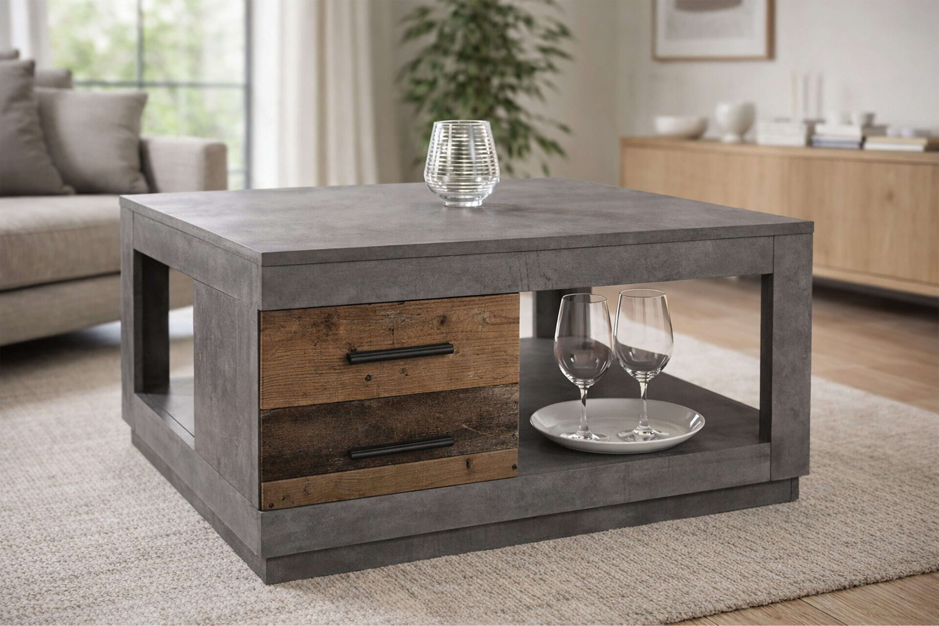 möbelando Couchtisch Fulda, 2 Schübe, betonoxid, Old Style - 80x45,6x80cm (BxHxT)