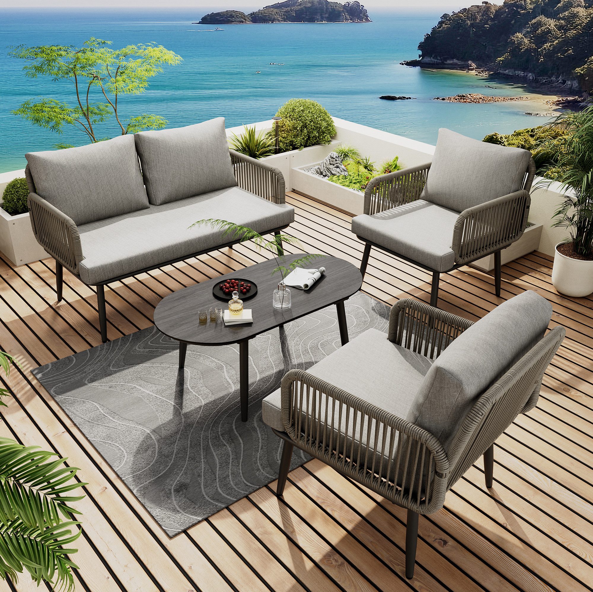 Merax Gartenlounge-Set aus verzinktem Stahl und handgeflochtenem Seil, (Glas-Tischplatte in Holzoptik, 4-tlg., Gartengarnitur Balkonmöbel), 4-Sitzer Sitzgruppe Gartenmöbel-Set mit Sofa, 2 Sessel & Couchtisch