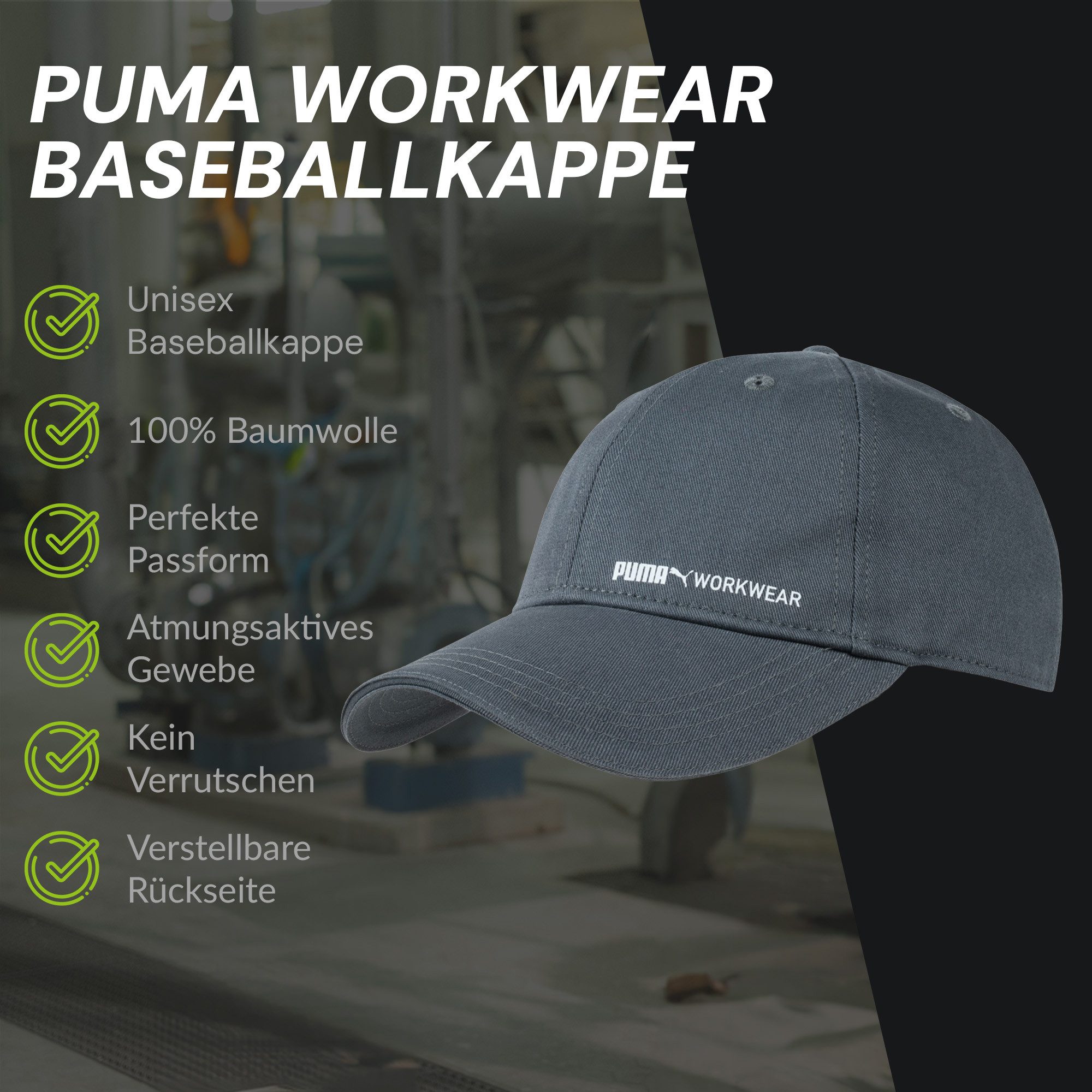 PUMA Workwear Baseball Cap Unisex Mütze mit Logo - Größenverstellbar - 100% Baumwolle Zeitloses Design - Fester Schirm - für Arbeit und Freizeit