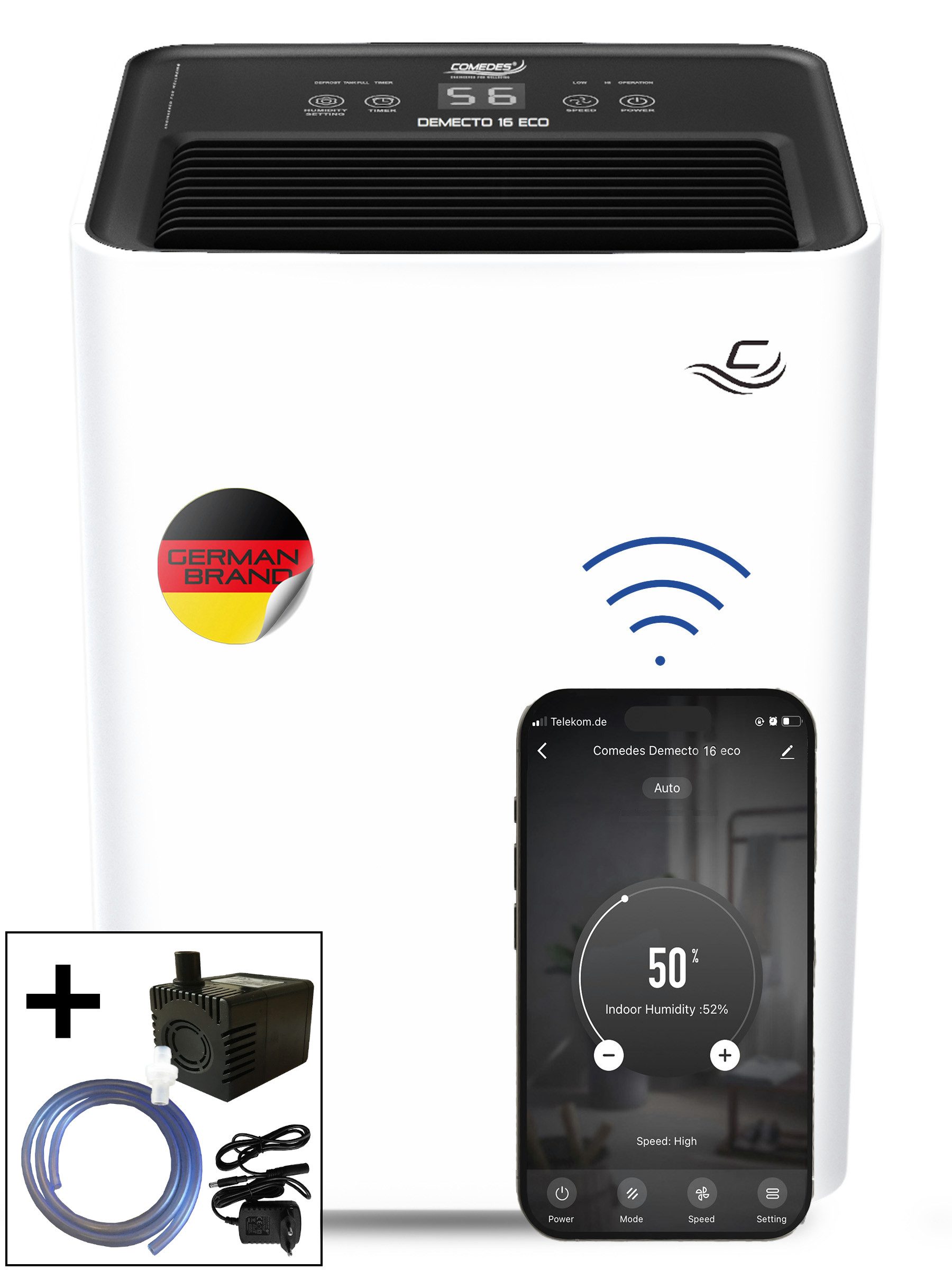 Comedes Luftentfeuchter Luftentfeuchter Comedes Demecto 16 eco Wifi, 16 L/Tag, mit Pumpenset, Entfeuchtung 16 l/Tag, Tank 3.2 l