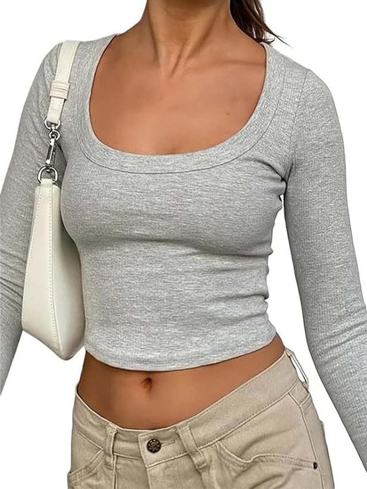 KIKI T-Shirt Damen Langarmshirt Crop Tops Basic Strick Crop T-Shirt Sexy Bauchfrei