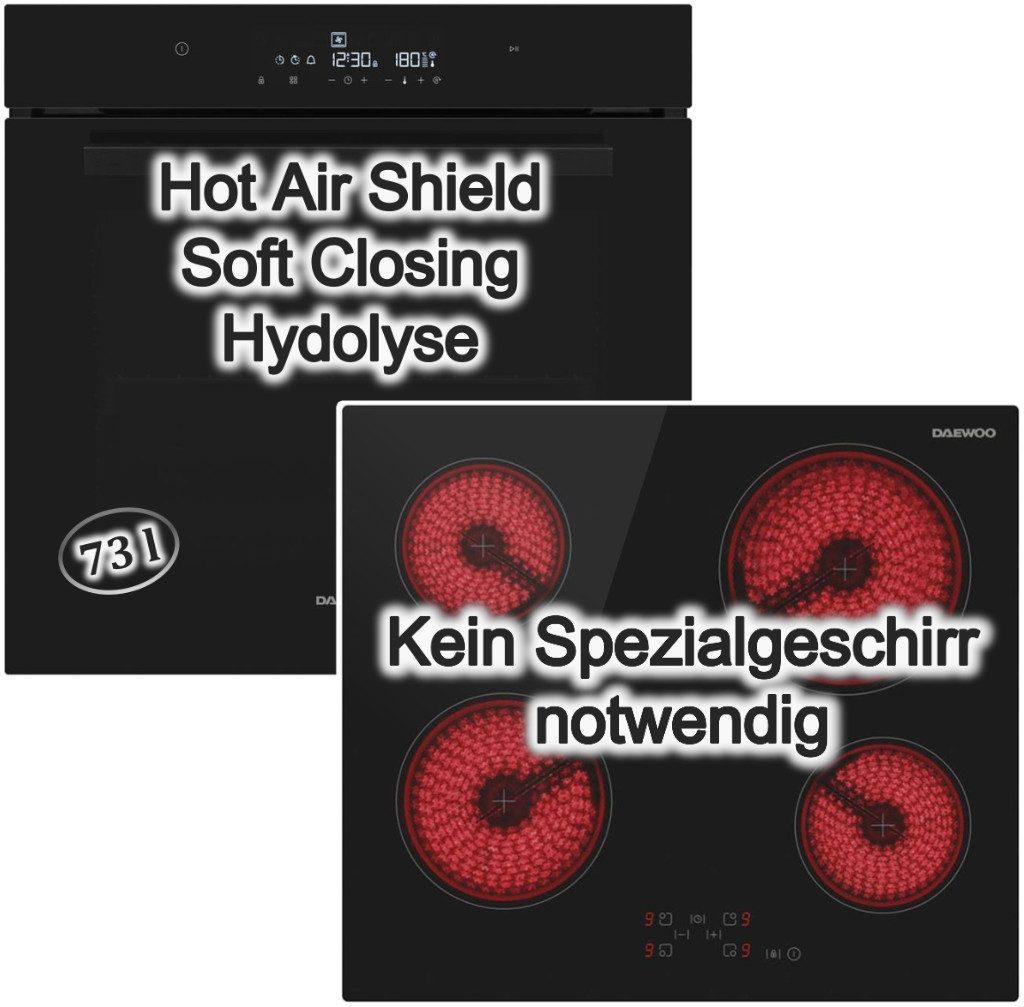 Daewoo Elektro-Herd-Set 73 L Hydrolyse SoftClosing + Kochfeld 60 cm Glaskeramik Touch Schwarz, mit Nachrüstbar, Hydrolyse