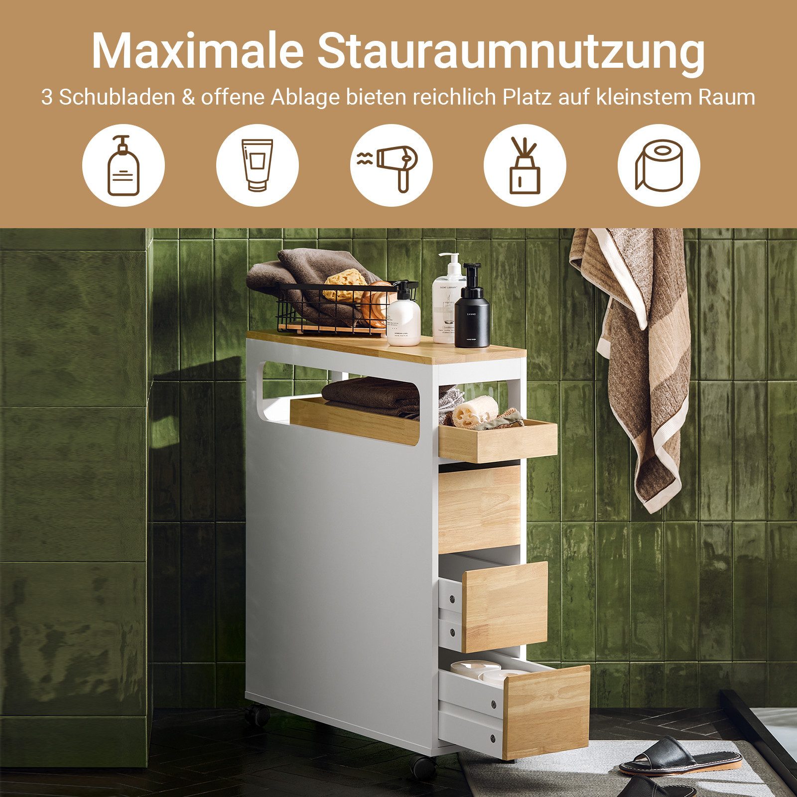 SoBuy Beistellwagen BZR54, Badezimmerschrank mit Rollen, Badschrank schmal, günstig online kaufen