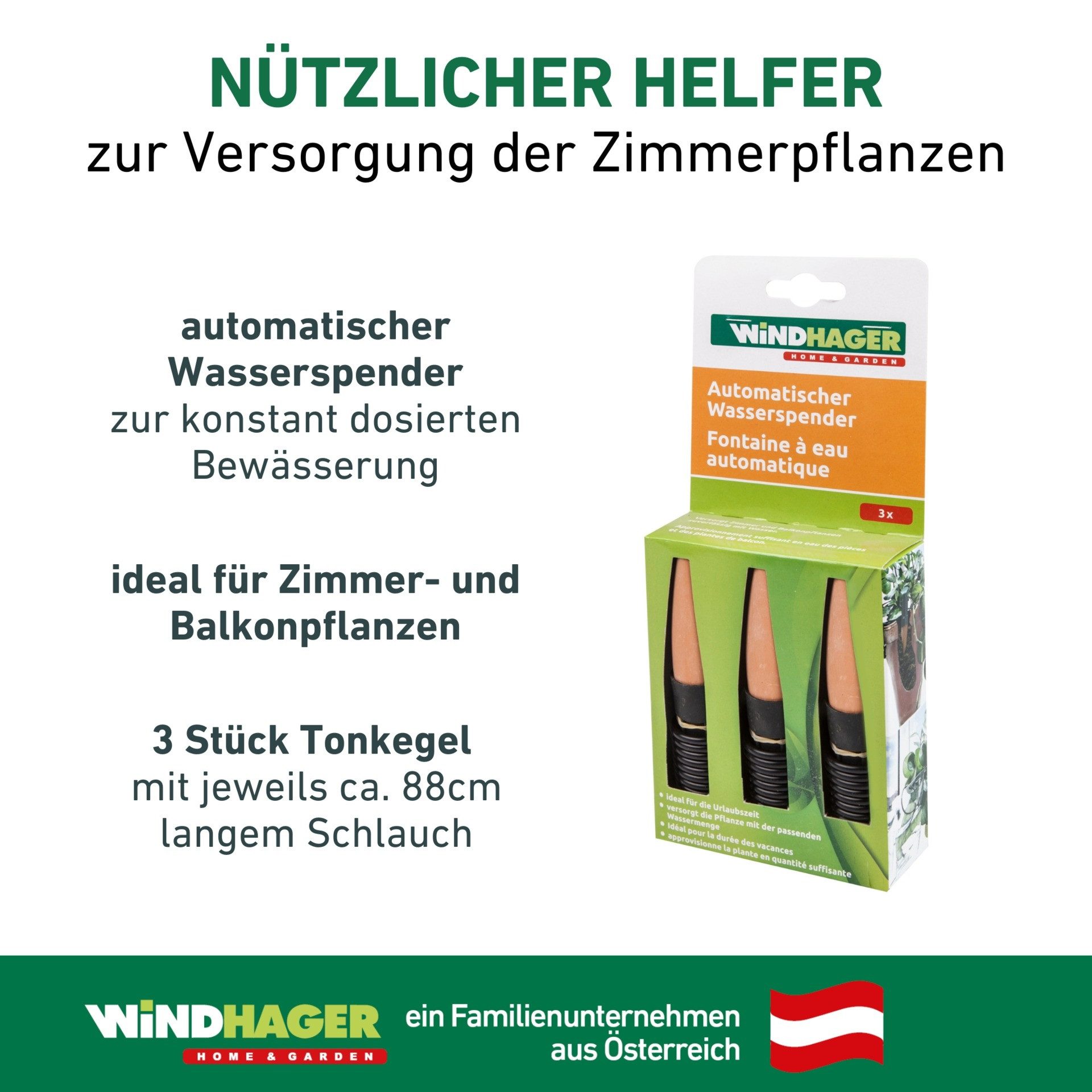 Windhager Bewässerungssystem automatischer Wasserspender für Zimmerpflanzen 3 Stk., (Packung, 3-tlg), Flaschenadapter Bewässerung, Abgabemenge ca. 75-110 ml/Tag, 3 x 11 cm
