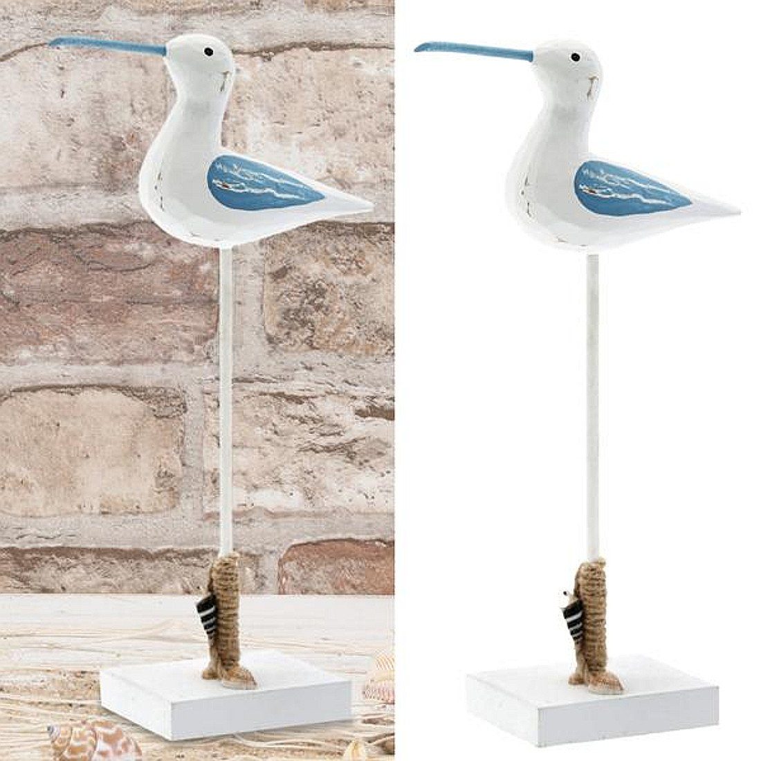 Macosa Home Dekofigur Deko Möwe auf Holzfuß Weiß Blau Holz Deko Figur, Möwe Holzfigur Dekofigur Bad Badezimmer Deko