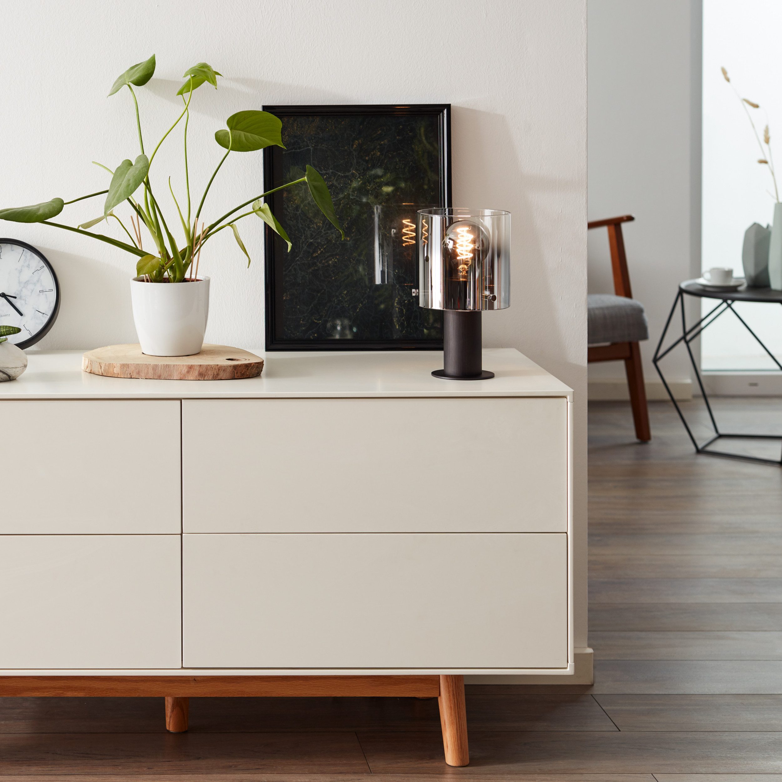 Lightbox Tischleuchte, ohne Leuchtmittel, Tischlampe, Schalter, 26 cm Höhe, Ø 15 cm, E27, max. 60 W, Rauchglas