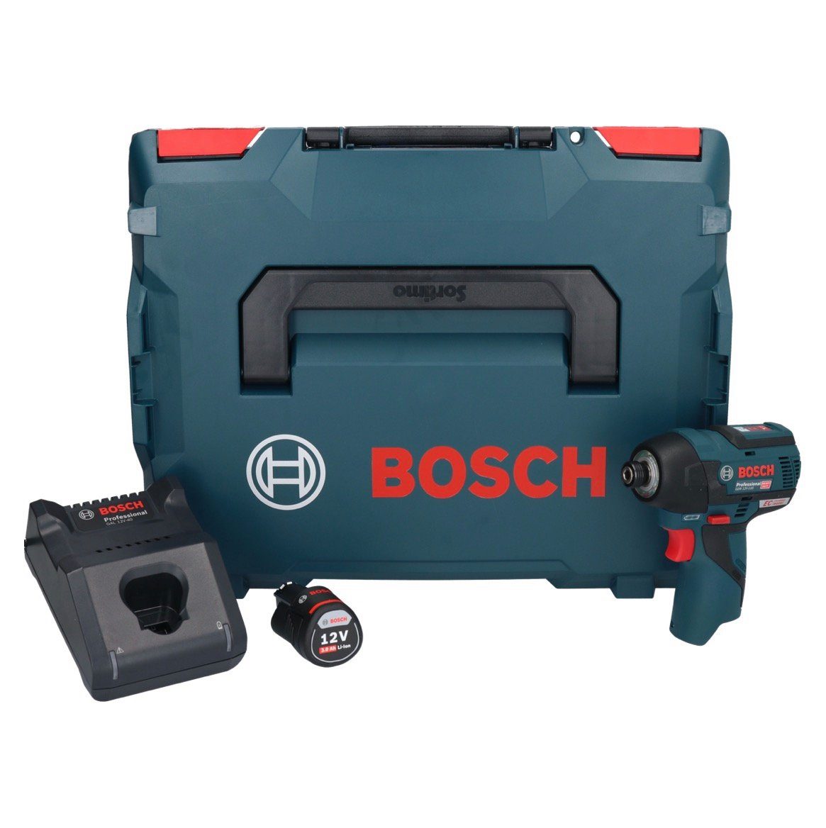 Professional Akku 1/4" 1x + 12 Bosch Bosch L-Boxx Professional Nm GDR 3,0 Ah + Brushless Ladegerät 12V-110 Akku-Schlagschrauber 110 Akku Drehschlagschrauber + V