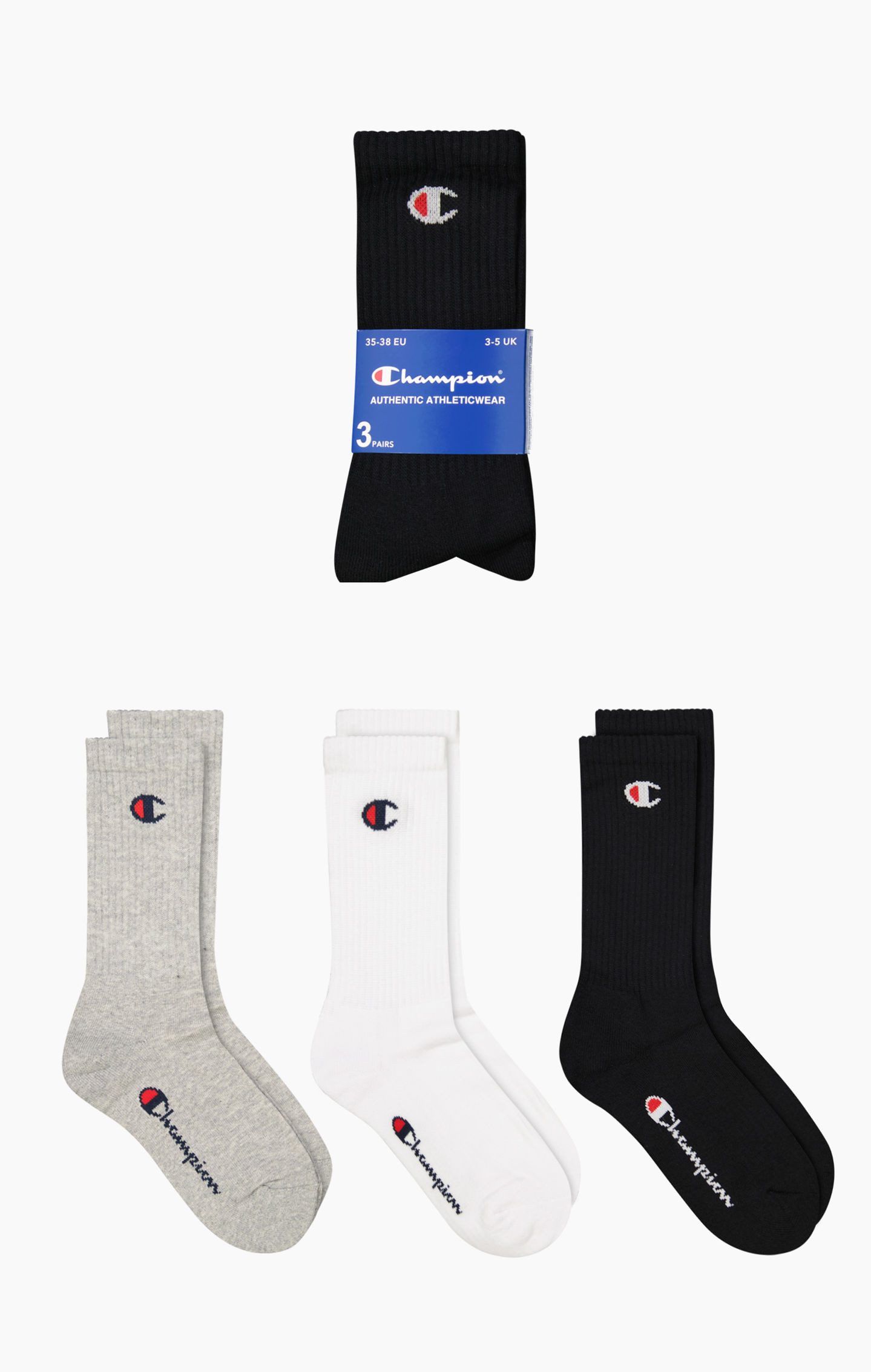 Champion Tennissocken 3 Pack Crew Socks (3-Paar) für sportive Aktivitäten, aus Baumwolle, Polyester und Elasthan