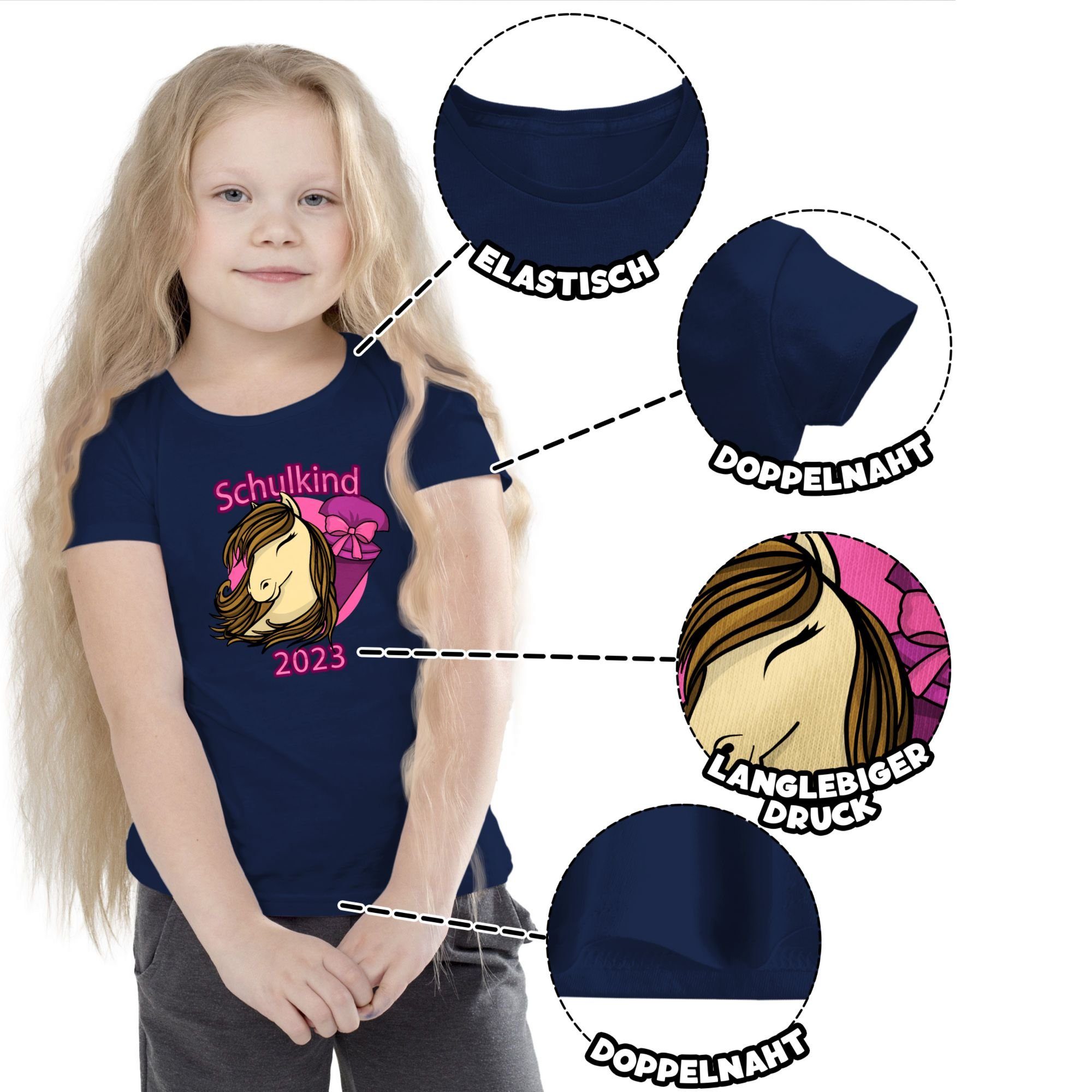 Shirtracer T-Shirt Schulkind 2023 Pferd Mädchen 1 Einschulung mit Schultüte Navy Blau