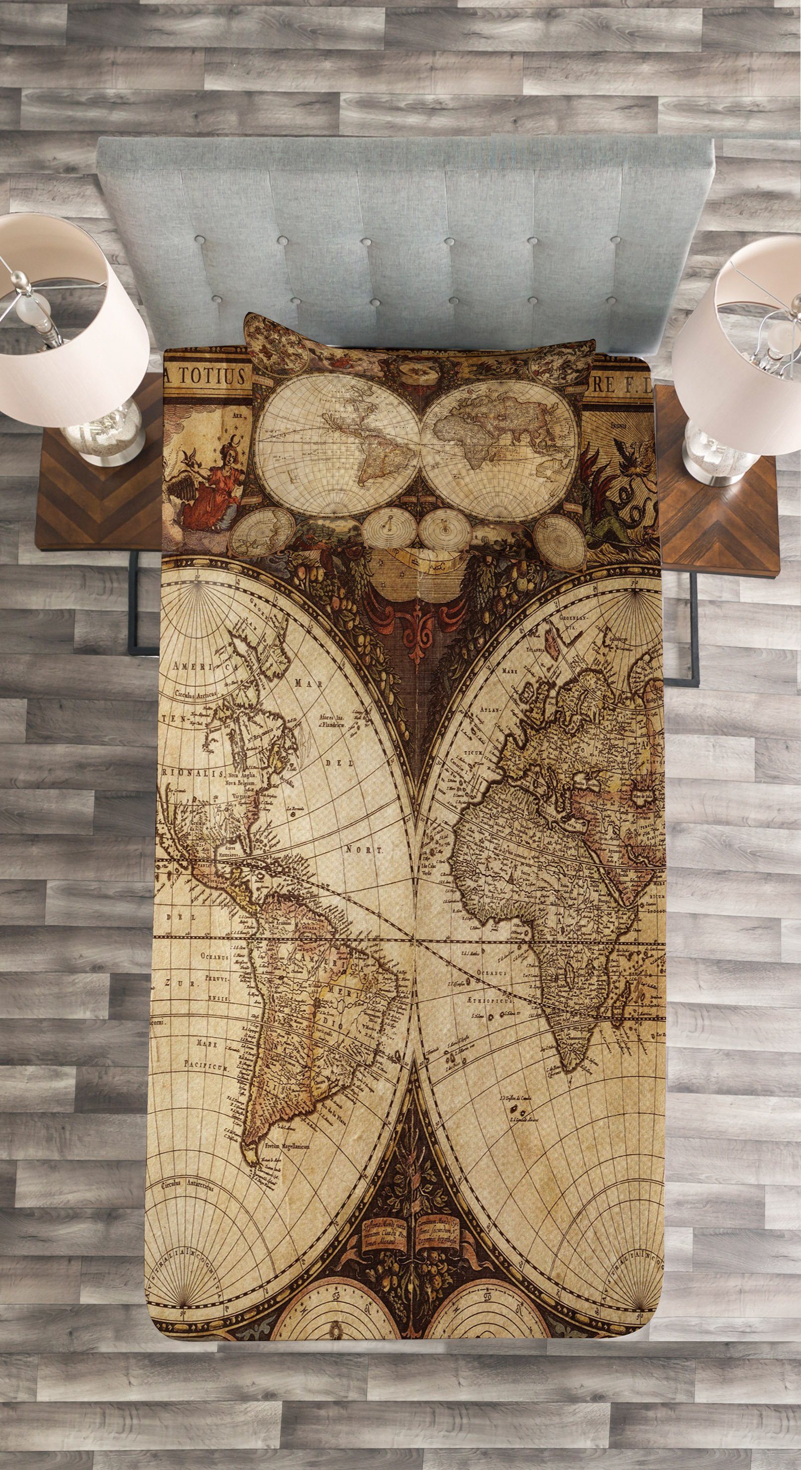 Weltkarte alte Set Kissenbezügen mit Abakuhaus, Atlas Tagesdecke Historische Waschbar,