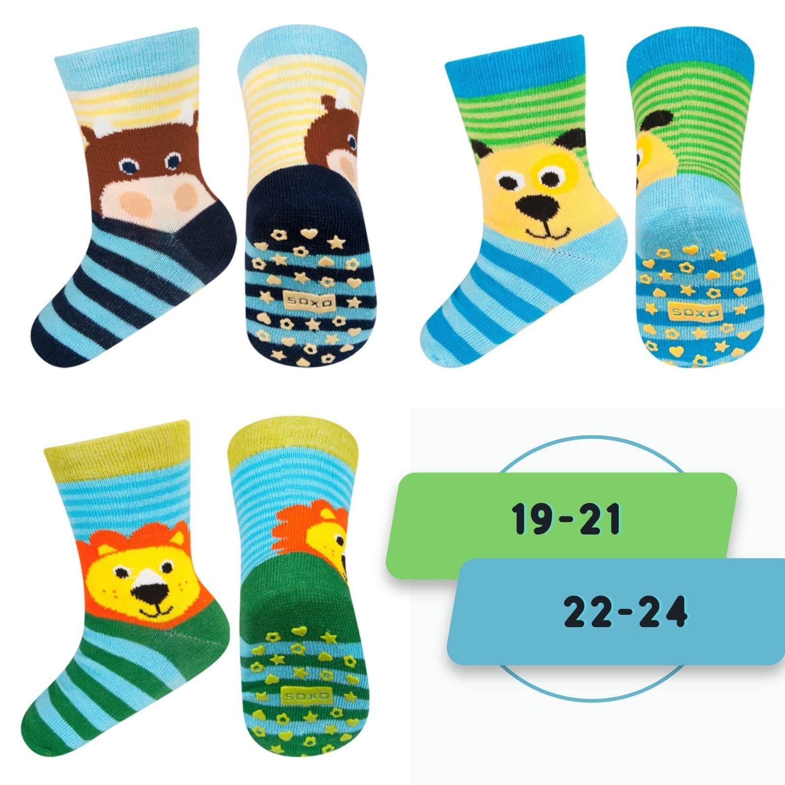 Soxo ABS-Socken Stoppersocken Kinder (Packung, 3-Paar, Set) Baby Geschenk Junge Bunte Antirutschsocken 2 Größen Tiere 2