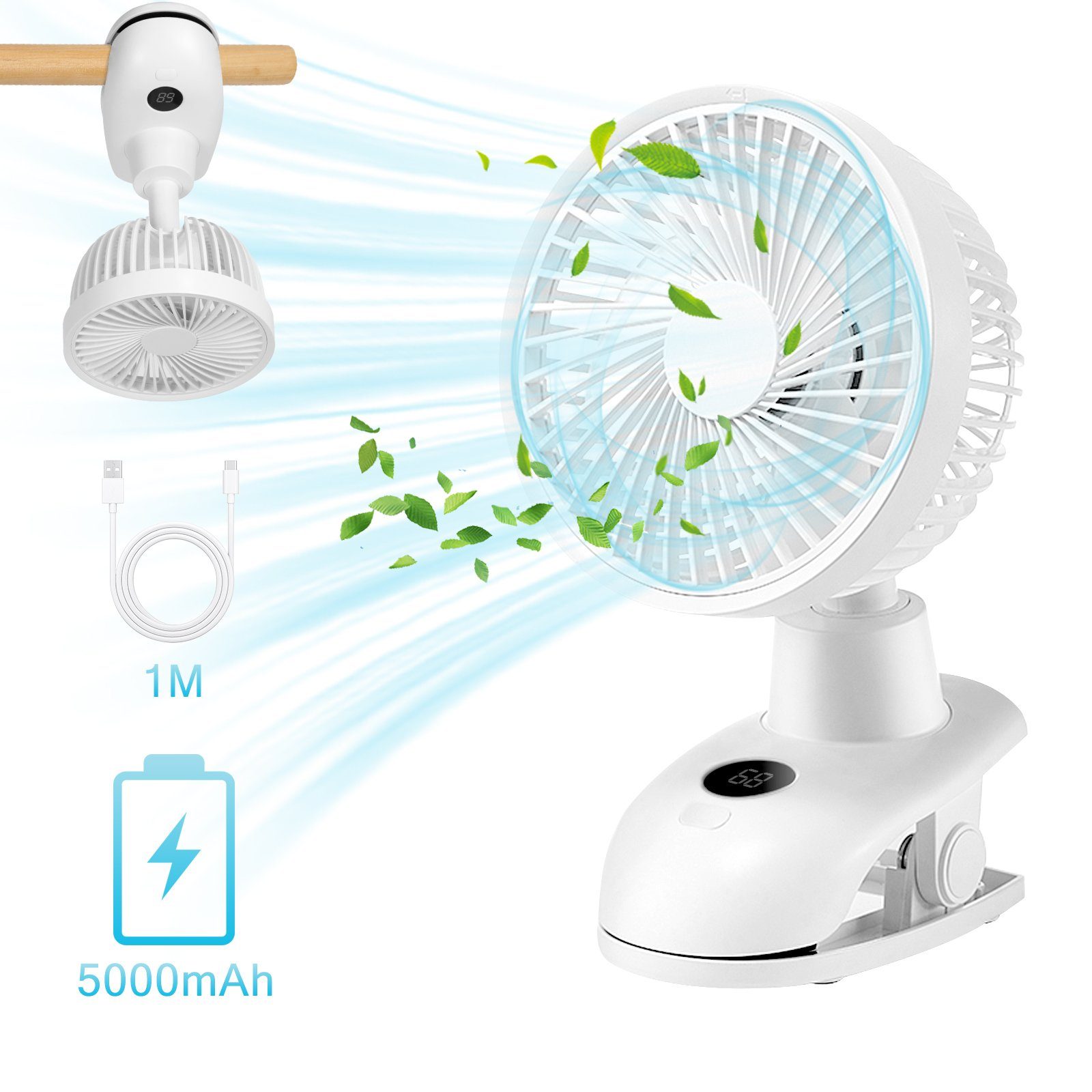 ZMH Mini USB-Ventilator 4 Geschwindigkeiten Oszillierend 5000mAh Akku Außen, 40dB Leise Fan