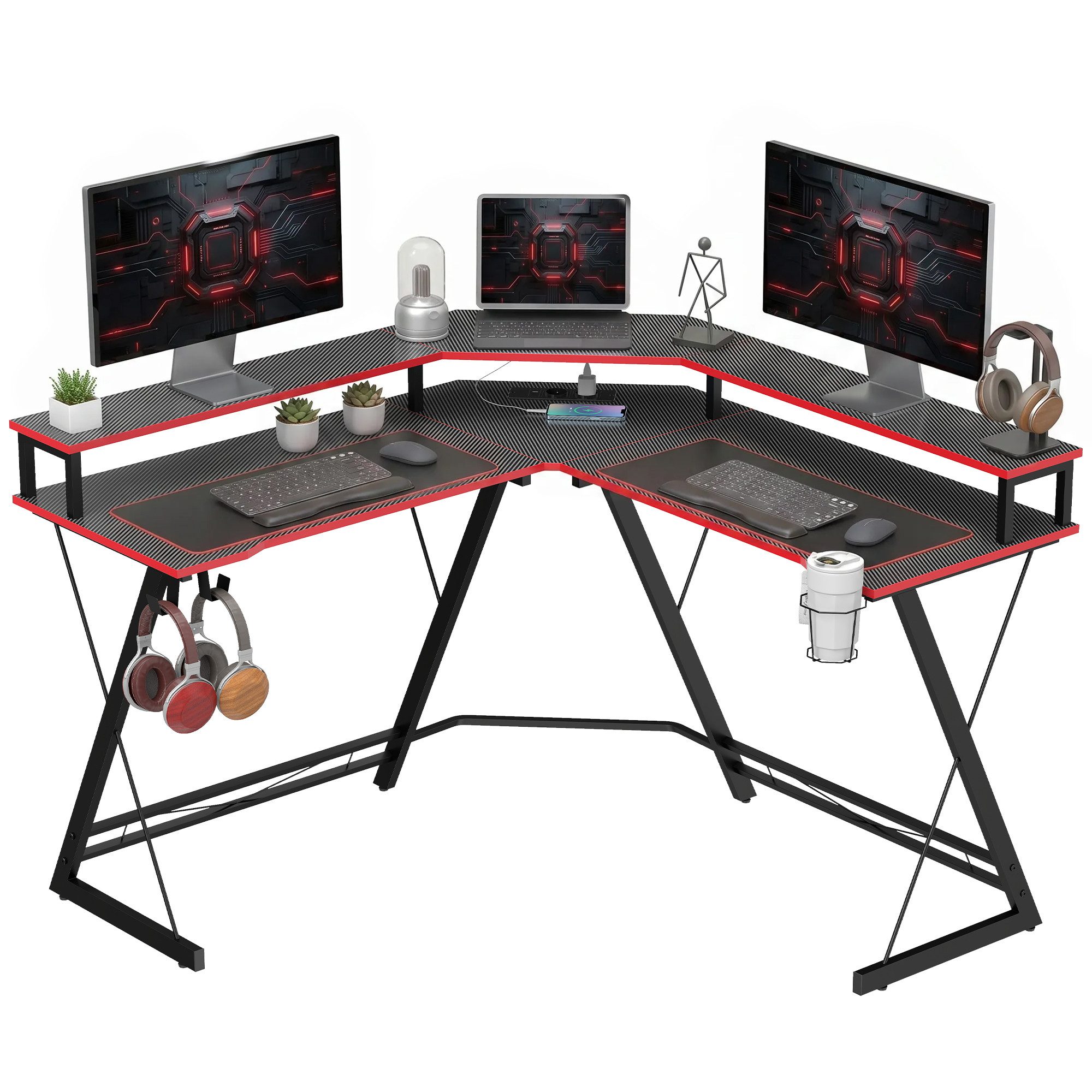 HOMCOM Computertisch Eckschreibtisch mit Steckdosen, USB-Anschlüssen (Eckschreibtisch, 1-St., Gaming Tisch), für Home Office, Schwarz