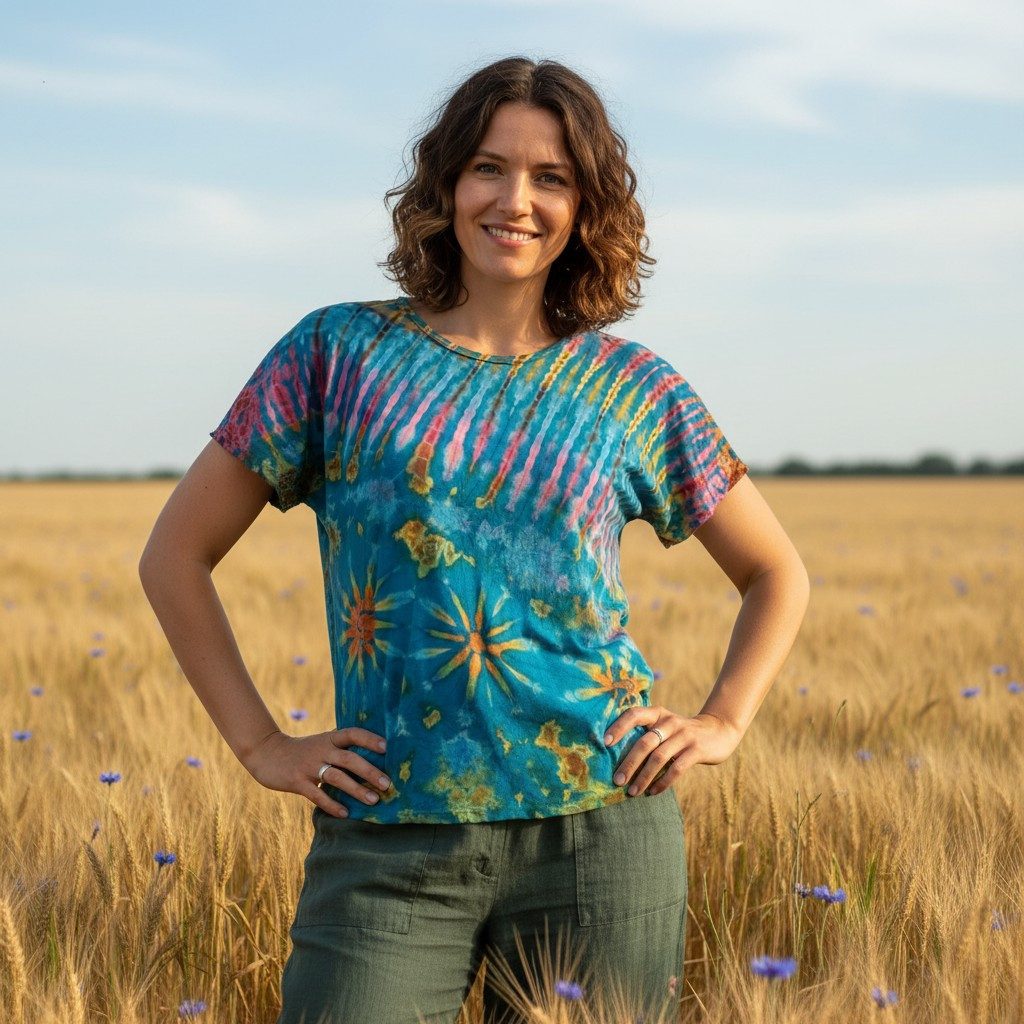 Guru-Shop T-Shirt Batik T-Shirt, Tie Dye Blusentop - blau Festival, Ethno Style, Hippie, alternative Bekleidung