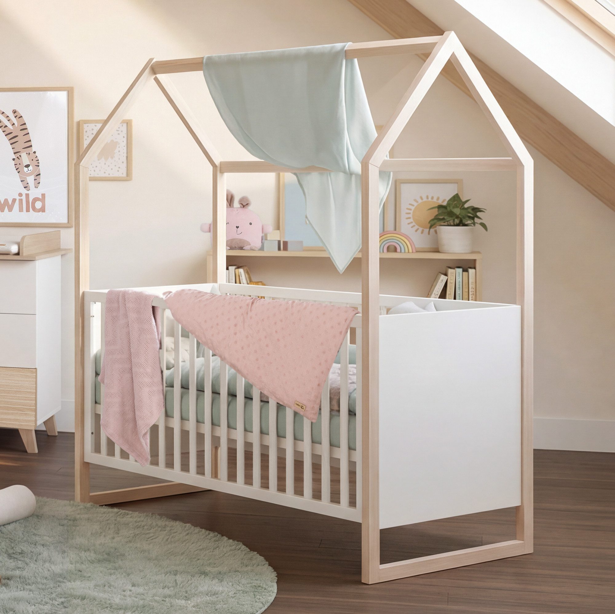 roba® Babybett Noah 70 x 140 cm - modernes Gitterbett aus zweifarbigem Holz, Hausbett - Schlupfsprossen - höhenverstellbar - mitwachsend - Weiß
