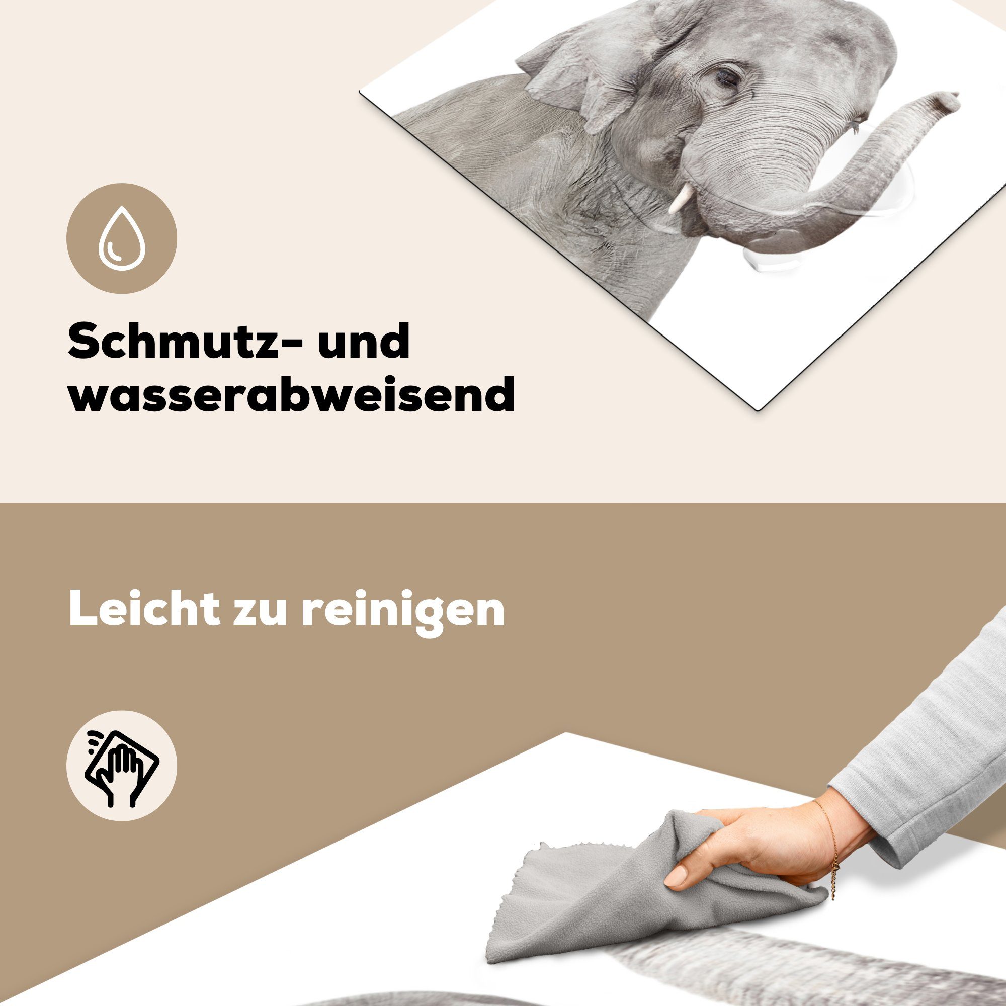 MuchoWow Herdblende-/Abdeckplatte Elefant Ceranfeldabdeckung 60x52 Arbeitsfläche Tiere Natur, - Vinyl, - tlg), - Grau nutzbar, Mobile (1 cm