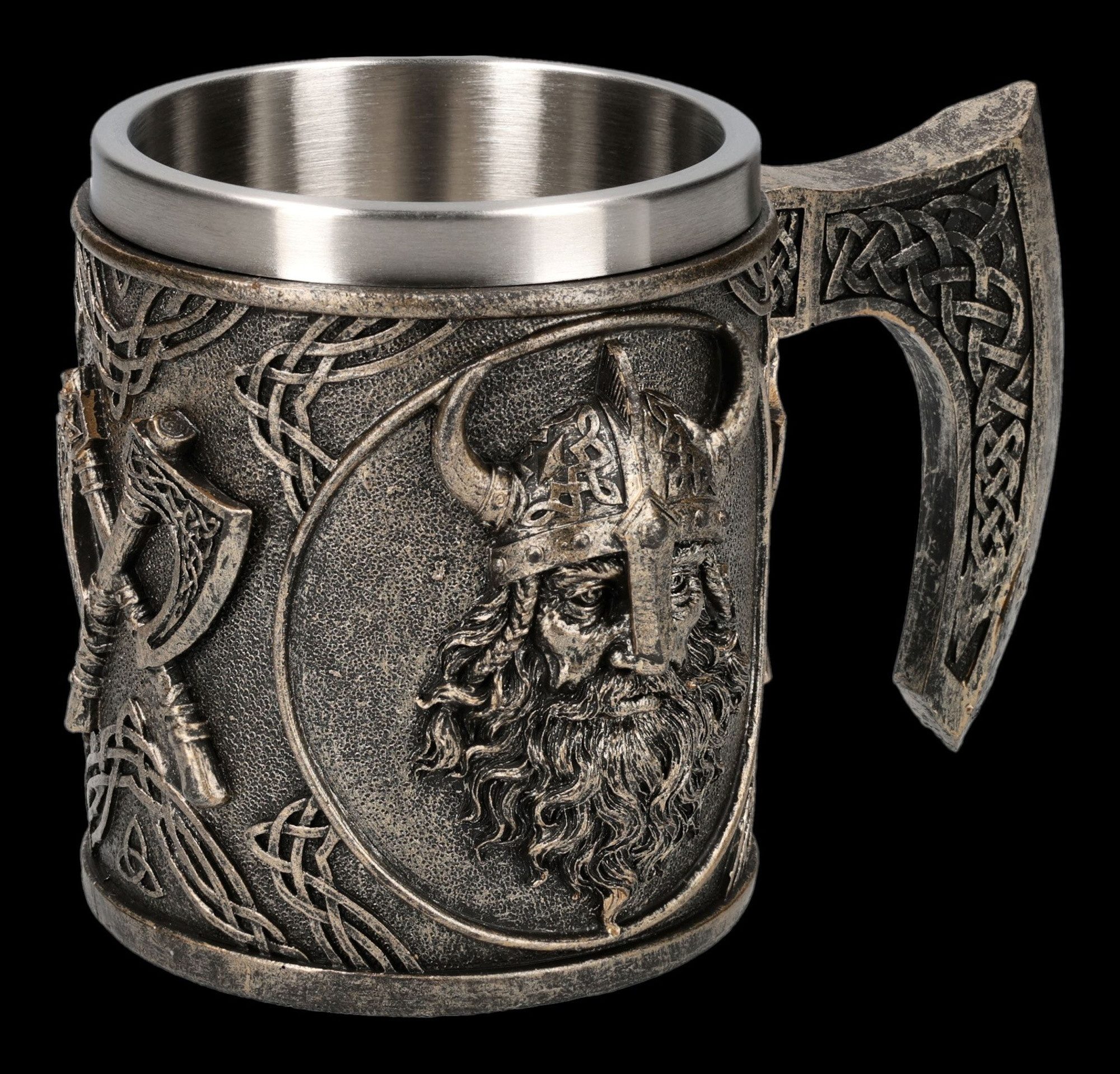 Figuren Shop GmbH Bierkrug Wikinger Krug – Metbecher Sammlerkrug Gothic Bierkrug mit Äxten 10.5cm, Kunststein (Polyresin), Edelstahl