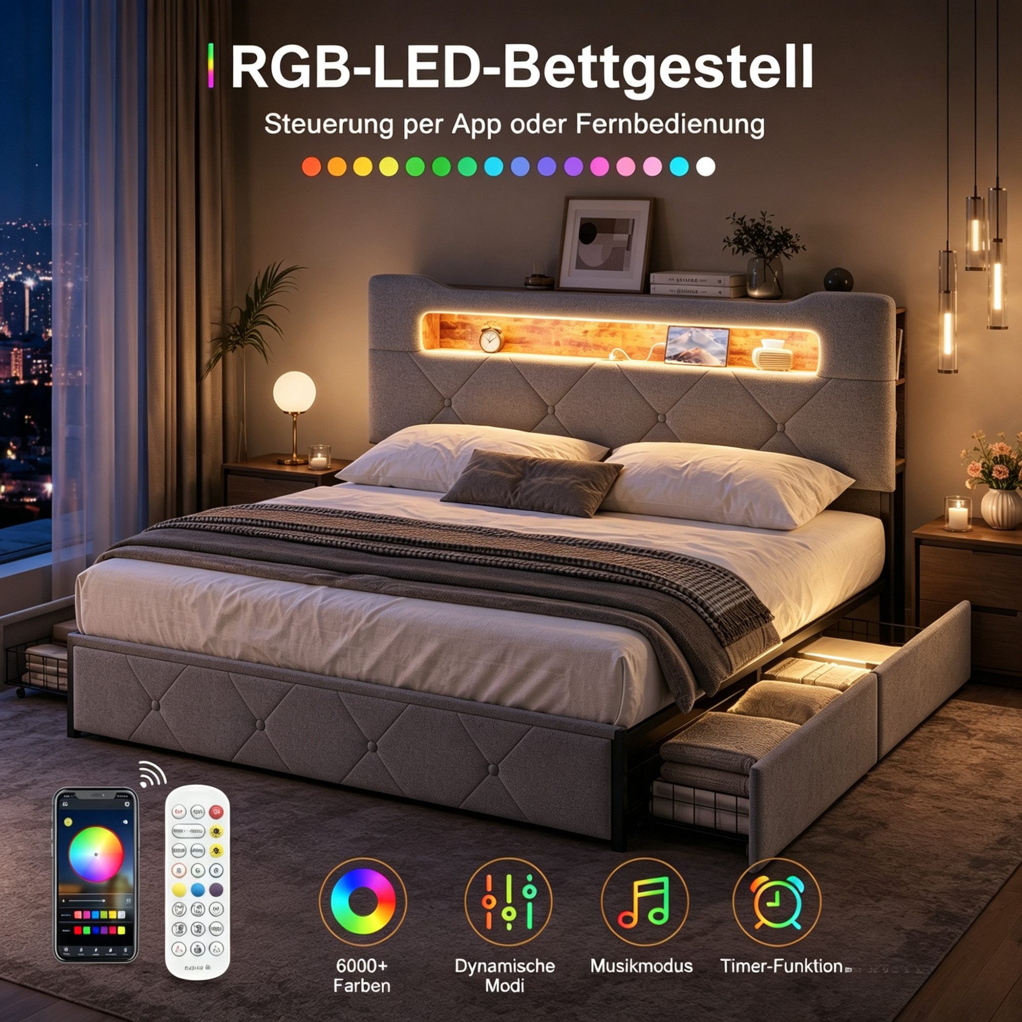Simurq Polsterbett 140x200cm Stauraumbett mit LED, Ladefunktion und 4 Schubladen (Packung, 1-tlg., Doppelbett Mit Stauraum Kopfteil und Lattenrost), Samt Schubladenbett für Jungen und Mädchen
