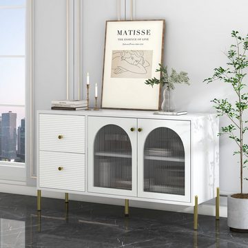 OKWISH Sideboard Schrank mit 2 Türen und 2 Schubladen, 120 cm langes weiß-goldenes Sideboard, Anrichte mit Glas