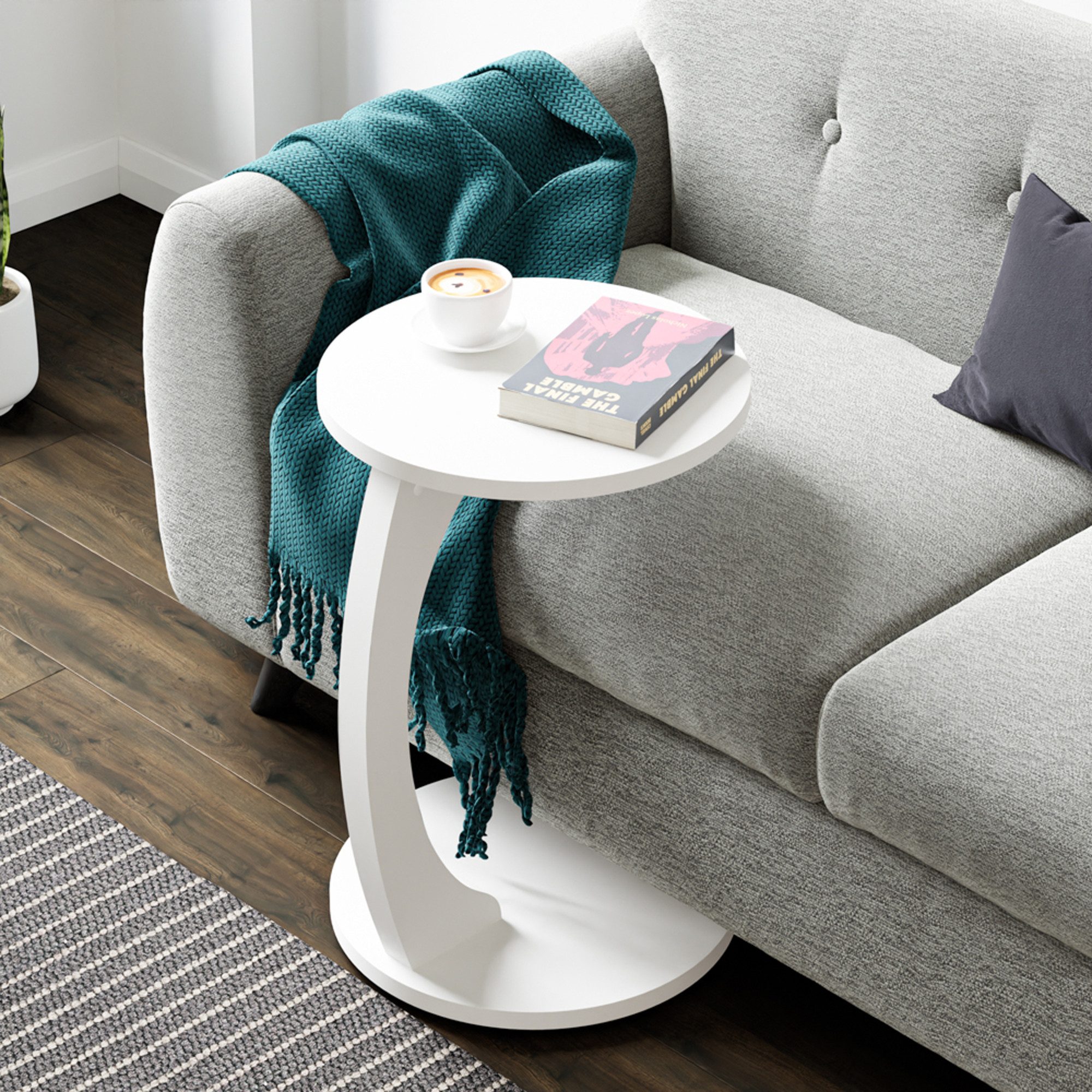 en.casa Beistelltisch, »Holeby« C-Form mit 4 Rollen rund 56 x Ø 38 cm Weiß