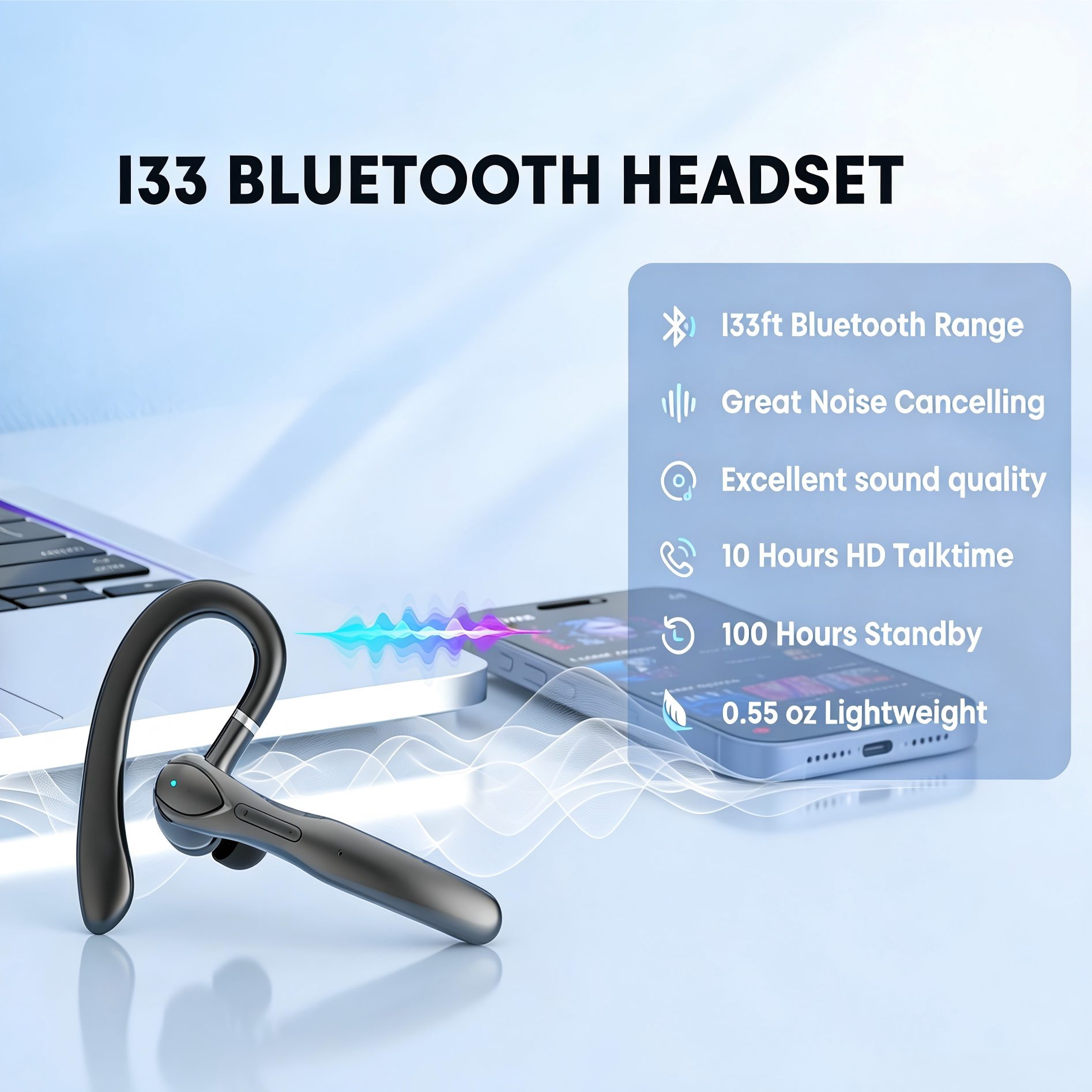 Forrlite Headset Bluetooth,Bluetooth Kopfhörer,Freisprech Headset In-Ear-Kopfhörer (Headset mit Dual Mikrofon, Kopfhörer Kabellos Bluetooth für Autofahren/Büro/Geschäft, mit 400mAh-Ladeetui, Geräuschunterdrückung und Doppelmikrofon,LED Ladebox,schwarz)