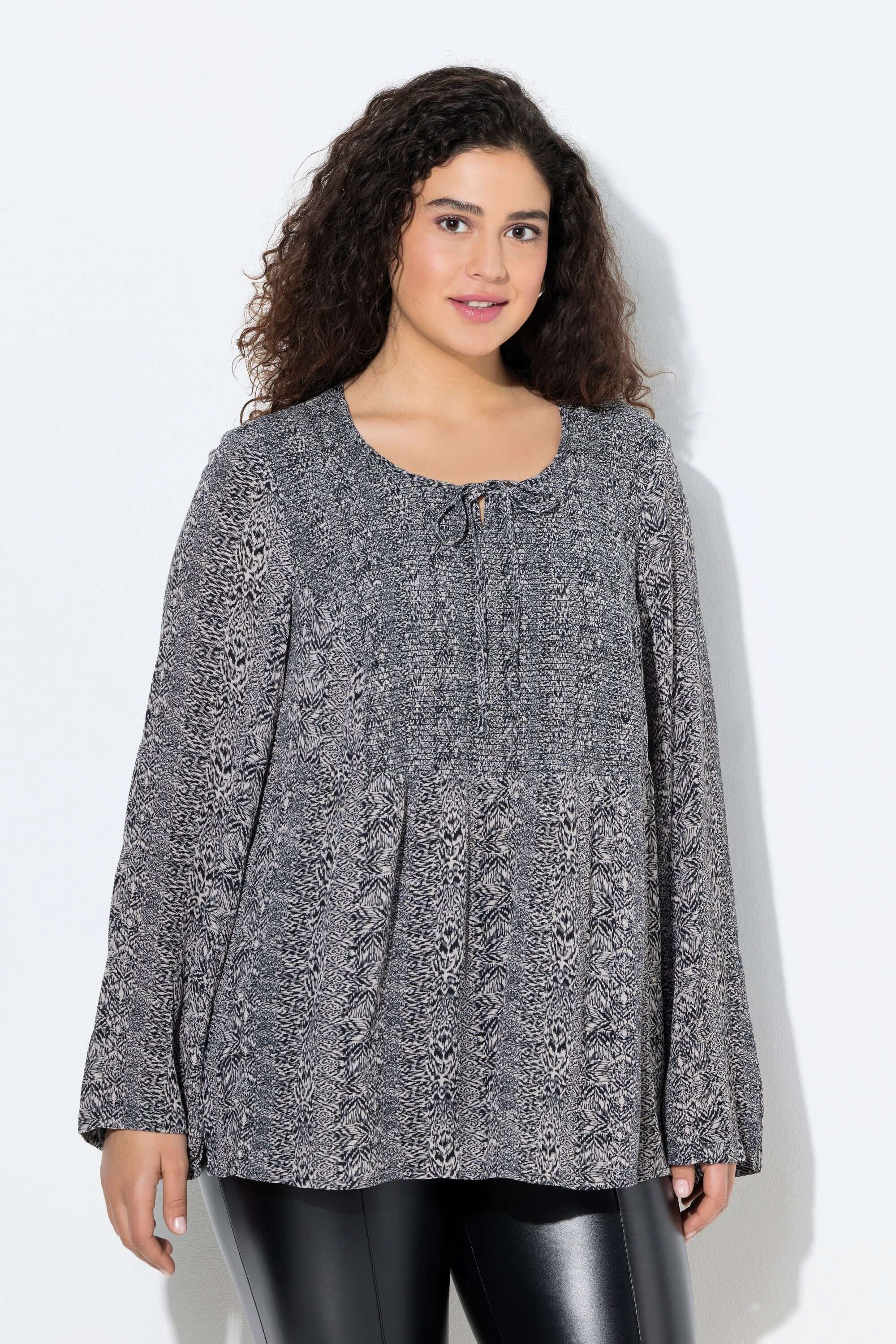 Druckbluse Smokbluse Bindeband Rundhals Langarm