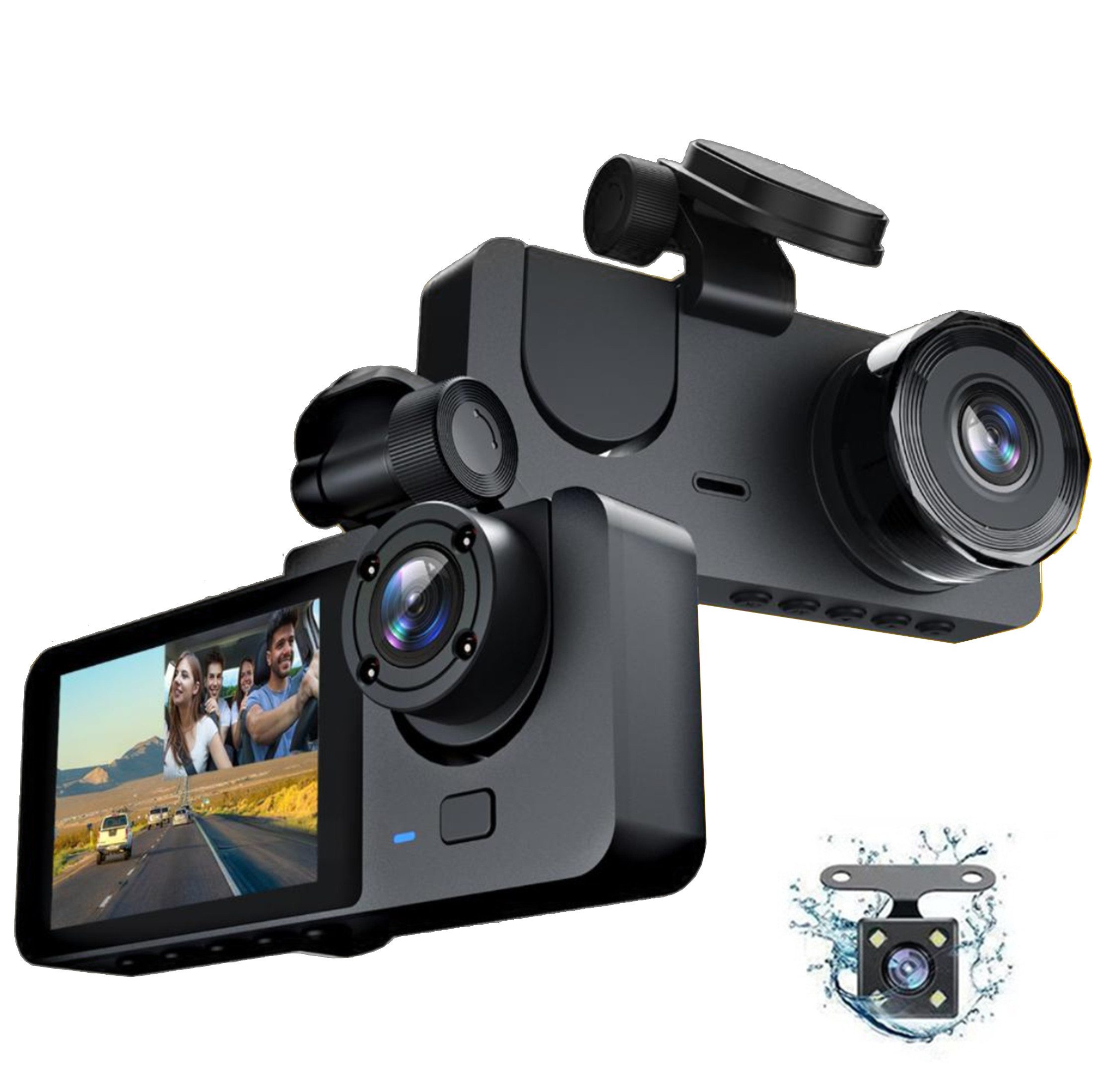 YINDN 3-Kanal Hochauflösende 1080P Aufnahmen, 170° Weitwinkel-Autokamera Dashcam (Full HD, mit Loop-Aufnahm, 24-Stunden Parkmonitor)